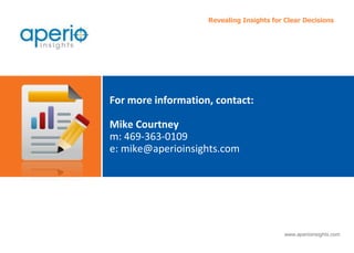 www.aperioinsights.com
Revealing Insights for Clear Decisions
For more information, contact:
Mike Courtney
m: 469-363-0109
e: mike@aperioinsights.com
 