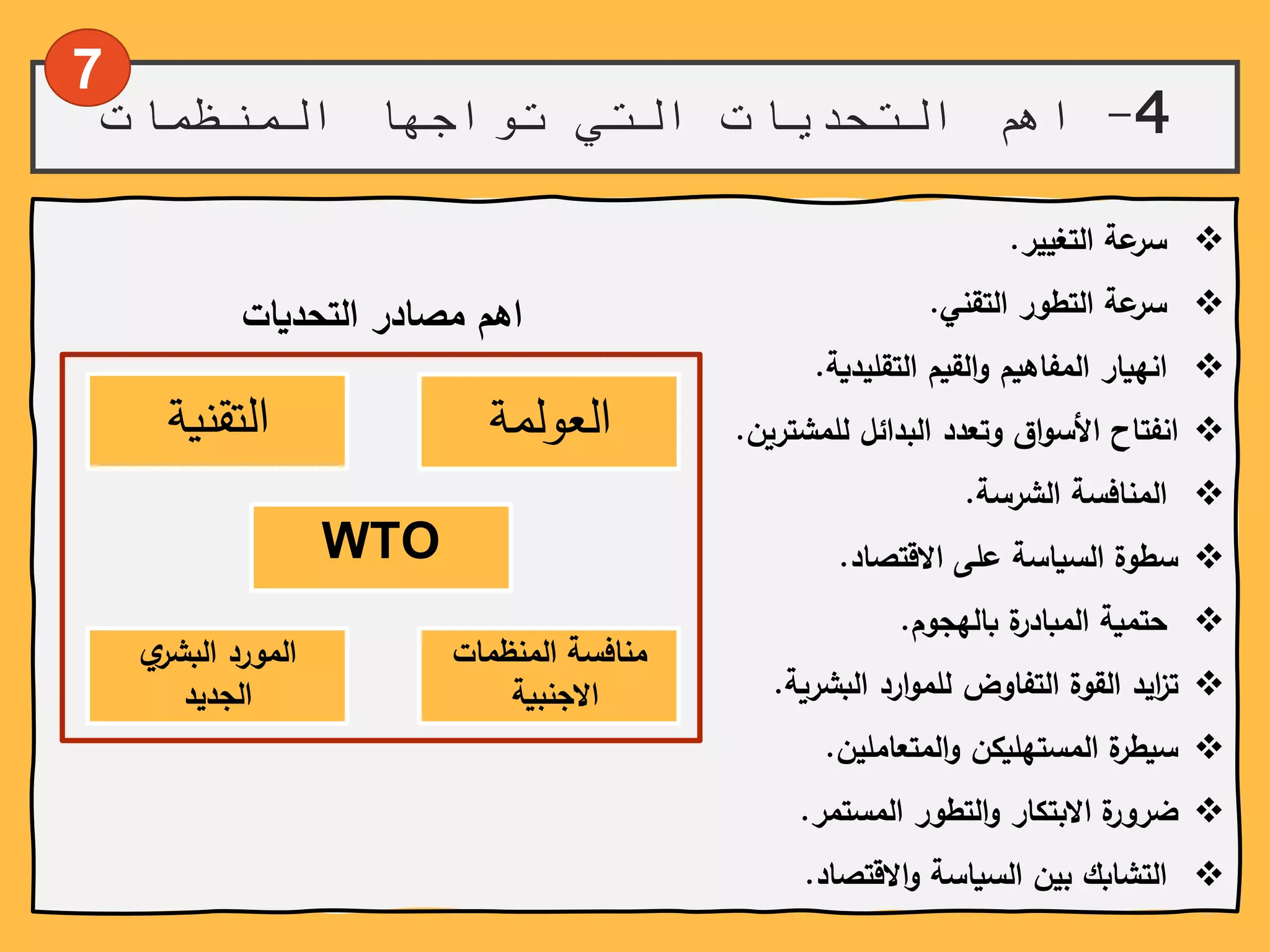 4-‫المنظمات‬ ‫تواجها‬ ‫التي‬ ‫التحديات‬ ‫اهم‬
7
‫عة‬‫سر‬‫التغيير‬.
‫عة‬‫سر‬‫التطور‬‫التقني‬.
‫انهيار‬‫المفاهيم‬‫القيم‬‫و‬‫التقليدية‬.
‫انفتاح‬‫اق‬‫و‬‫األس‬‫وتعدد‬‫البدائل‬‫للمشترين‬.
‫المنافسة‬‫الشرسة‬.
‫سطوة‬‫السياسة‬‫على‬‫االقتصاد‬.
‫حتمية‬‫ة‬‫المبادر‬‫بالهجوم‬.
‫ايد‬‫ز‬‫ت‬‫القوة‬‫التفاوض‬‫ارد‬‫و‬‫للم‬‫البشرية‬.
‫ة‬‫سيطر‬‫المستهليكن‬‫المتعاملين‬‫و‬.
‫ة‬‫ضرور‬‫االبتكار‬‫التطور‬‫و‬‫المستمر‬.
‫التشابك‬‫بين‬‫السياسة‬‫االقتصاد‬‫و‬.
‫اهمًمصادرًالتحديات‬
‫العولمة‬‫التقنية‬
ً‫ي‬‫الموردًالبشر‬
‫الجديد‬
ً‫منافسةًالمنظمات‬
ً‫االجنبية‬
WTO
 