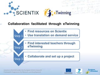 Scientix is financed under the European Union's Seventh
Framework Programme for Research and Development
Collaboration facilitated through eTwinning
Step 1
• Find resources on Scientix
• Use translation on demand service
Step 2
• Find interested teachers through
eTwinning
Step 3
• Collaborate and set up a project
 