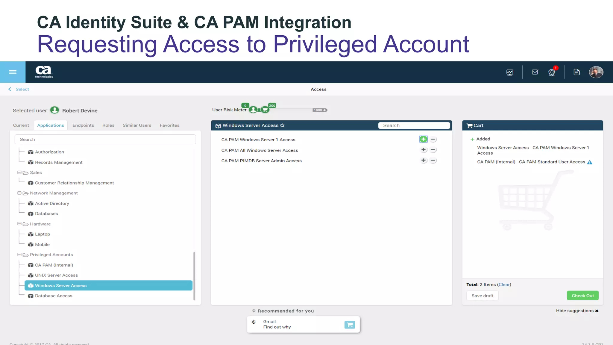 20 COPYRIGHT  ©  2017  CA.  ALL  RIGHTS  RESERVED#CAWORLD #NOBARRIERS
CA  Identity  Suite  &  CA  PAM  Integration
Requesting  Access  to  Privileged  Account
 