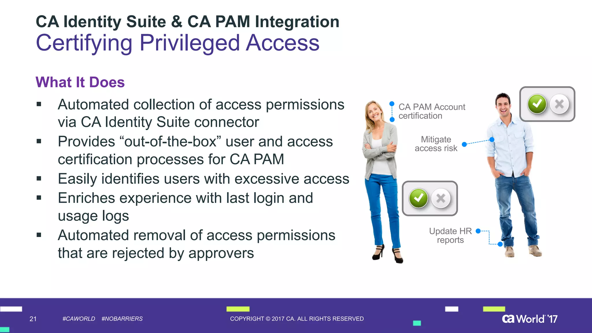 21 COPYRIGHT  ©  2017  CA.  ALL  RIGHTS  RESERVED#CAWORLD #NOBARRIERS
CA  Identity  Suite  &  CA  PAM  Integration
Certifying  Privileged  Access
CA  PAM  Account  
certification
Update  HR  
reports
Mitigate  
access  risk
What  It  Does
§ Automated  collection  of  access  permissions  
via  CA  Identity  Suite  connector
§ Provides  “out-­of-­the-­box”  user  and  access  
certification  processes  for  CA  PAM
§ Easily  identifies  users  with  excessive  access
§ Enriches  experience  with  last  login  and  
usage  logs
§ Automated  removal  of  access  permissions  
that  are  rejected  by  approvers
 