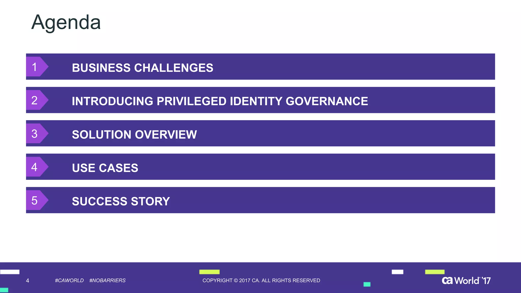 4 COPYRIGHT  ©  2017  CA.  ALL  RIGHTS  RESERVED#CAWORLD #NOBARRIERS
Agenda
BUSINESS  CHALLENGES
INTRODUCING  PRIVILEGED  IDENTITY  GOVERNANCE
SOLUTION  OVERVIEW
USE  CASES
SUCCESS  STORY
1
2
3
4
5
 