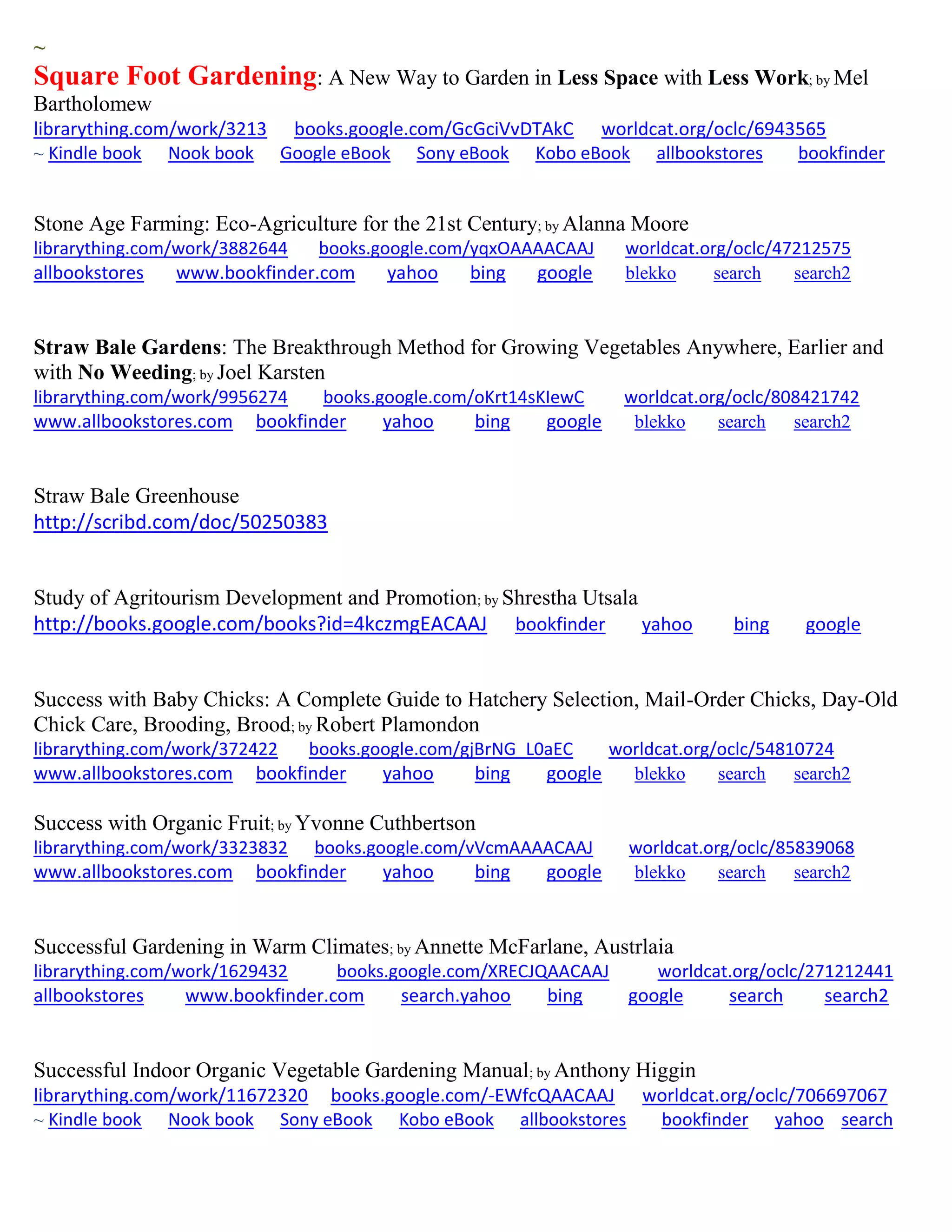 ~
Square Foot Gardening: A New Way to Garden in Less Space with Less Work; by Mel
Bartholomew
librarything.com/work/3213 books.google.com/GcGciVvDTAkC worldcat.org/oclc/6943565
~ Kindle book Nook book Google eBook Sony eBook Kobo eBook allbookstores bookfinder
Stone Age Farming: Eco-Agriculture for the 21st Century; by Alanna Moore
librarything.com/work/3882644 books.google.com/yqxOAAAACAAJ worldcat.org/oclc/47212575
allbookstores www.bookfinder.com yahoo bing google blekko search search2
Straw Bale Gardens: The Breakthrough Method for Growing Vegetables Anywhere, Earlier and
with No Weeding; by Joel Karsten
librarything.com/work/9956274 books.google.com/oKrt14sKIewC worldcat.org/oclc/808421742
www.allbookstores.com bookfinder yahoo bing google blekko search search2
Straw Bale Greenhouse
http://scribd.com/doc/50250383
Study of Agritourism Development and Promotion; by Shrestha Utsala
http://books.google.com/books?id=4kczmgEACAAJ bookfinder yahoo bing google
Success with Baby Chicks: A Complete Guide to Hatchery Selection, Mail-Order Chicks, Day-Old
Chick Care, Brooding, Brood; by Robert Plamondon
librarything.com/work/372422 books.google.com/gjBrNG_L0aEC worldcat.org/oclc/54810724
www.allbookstores.com bookfinder yahoo bing google blekko search search2
Success with Organic Fruit; by Yvonne Cuthbertson
librarything.com/work/3323832 books.google.com/vVcmAAAACAAJ worldcat.org/oclc/85839068
www.allbookstores.com bookfinder yahoo bing google blekko search search2
Successful Gardening in Warm Climates; by Annette McFarlane, Austrlaia
librarything.com/work/1629432 books.google.com/XRECJQAACAAJ worldcat.org/oclc/271212441
allbookstores www.bookfinder.com search.yahoo bing google search search2
Successful Indoor Organic Vegetable Gardening Manual; by Anthony Higgin
librarything.com/work/11672320 books.google.com/-EWfcQAACAAJ worldcat.org/oclc/706697067
~ Kindle book Nook book Sony eBook Kobo eBook allbookstores bookfinder yahoo search
 