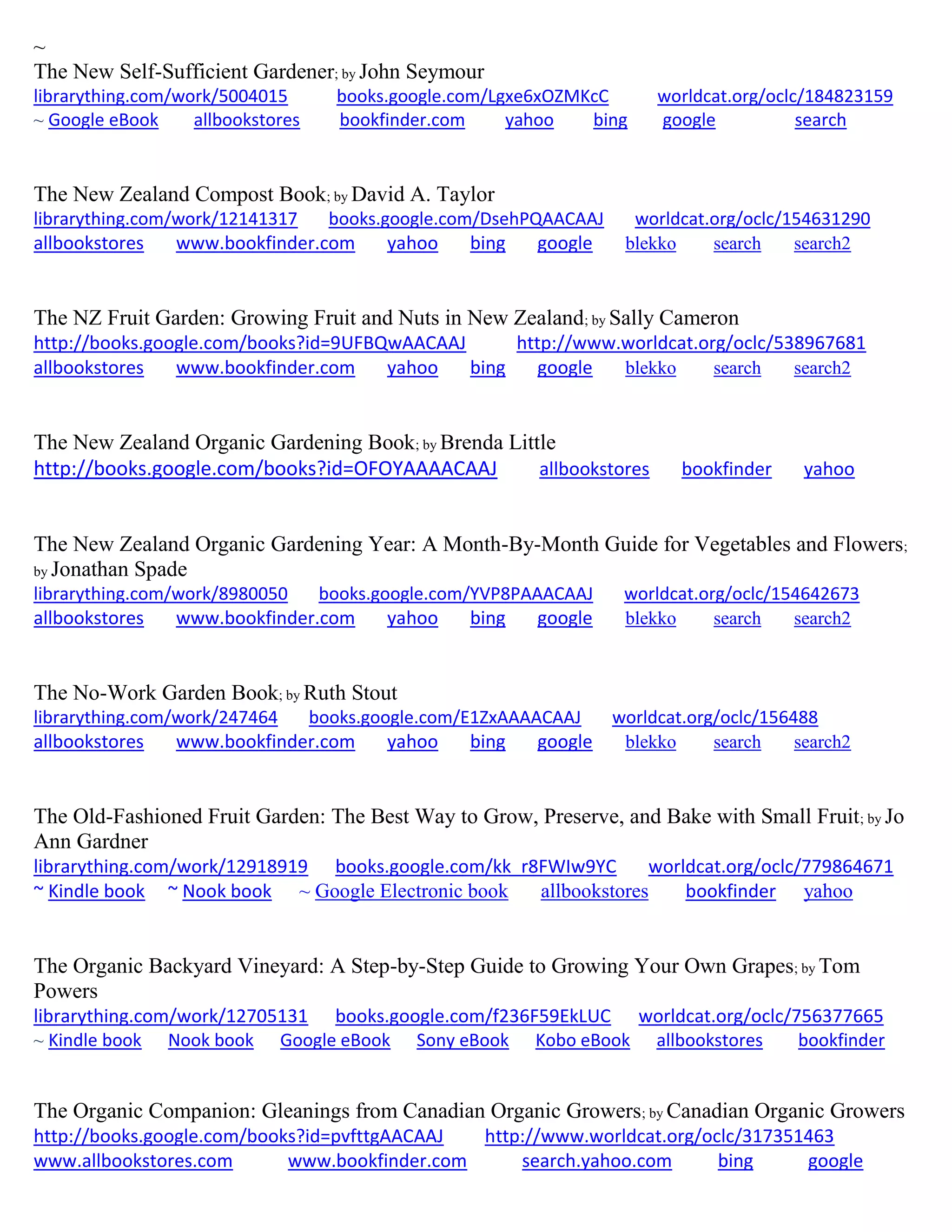 ~
The New Self-Sufficient Gardener; by John Seymour
librarything.com/work/5004015 books.google.com/Lgxe6xOZMKcC worldcat.org/oclc/184823159
~ Google eBook allbookstores bookfinder.com yahoo bing google search
The New Zealand Compost Book; by David A. Taylor
librarything.com/work/12141317 books.google.com/DsehPQAACAAJ worldcat.org/oclc/154631290
allbookstores www.bookfinder.com yahoo bing google blekko search search2
The NZ Fruit Garden: Growing Fruit and Nuts in New Zealand; by Sally Cameron
http://books.google.com/books?id=9UFBQwAACAAJ http://www.worldcat.org/oclc/538967681
allbookstores www.bookfinder.com yahoo bing google blekko search search2
The New Zealand Organic Gardening Book; by Brenda Little
http://books.google.com/books?id=OFOYAAAACAAJ allbookstores bookfinder yahoo
The New Zealand Organic Gardening Year: A Month-By-Month Guide for Vegetables and Flowers;
by Jonathan Spade
librarything.com/work/8980050 books.google.com/YVP8PAAACAAJ worldcat.org/oclc/154642673
allbookstores www.bookfinder.com yahoo bing google blekko search search2
The No-Work Garden Book; by Ruth Stout
librarything.com/work/247464 books.google.com/E1ZxAAAACAAJ worldcat.org/oclc/156488
allbookstores www.bookfinder.com yahoo bing google blekko search search2
The Old-Fashioned Fruit Garden: The Best Way to Grow, Preserve, and Bake with Small Fruit; by Jo
Ann Gardner
librarything.com/work/12918919 books.google.com/kk_r8FWIw9YC worldcat.org/oclc/779864671
~ Kindle book ~ Nook book ~ Google Electronic book allbookstores bookfinder yahoo
The Organic Backyard Vineyard: A Step-by-Step Guide to Growing Your Own Grapes; by Tom
Powers
librarything.com/work/12705131 books.google.com/f236F59EkLUC worldcat.org/oclc/756377665
~ Kindle book Nook book Google eBook Sony eBook Kobo eBook allbookstores bookfinder
The Organic Companion: Gleanings from Canadian Organic Growers; by Canadian Organic Growers
http://books.google.com/books?id=pvfttgAACAAJ http://www.worldcat.org/oclc/317351463
www.allbookstores.com www.bookfinder.com search.yahoo.com bing google
 