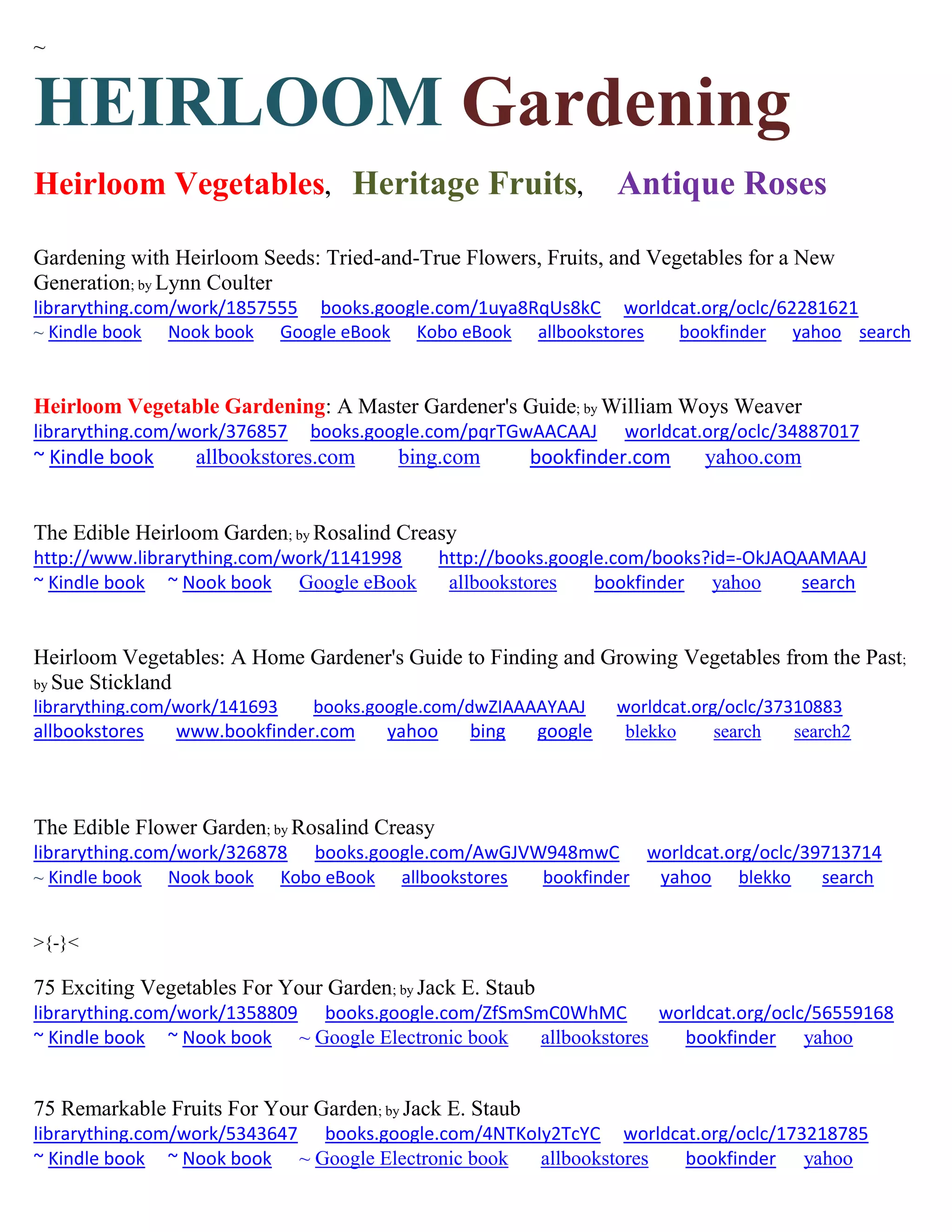 ~
HEIRLOOM Gardening
Heirloom Vegetables, Heritage Fruits, Antique Roses
Gardening with Heirloom Seeds: Tried-and-True Flowers, Fruits, and Vegetables for a New
Generation; by Lynn Coulter
librarything.com/work/1857555 books.google.com/1uya8RqUs8kC worldcat.org/oclc/62281621
~ Kindle book Nook book Google eBook Kobo eBook allbookstores bookfinder yahoo search
Heirloom Vegetable Gardening: A Master Gardener's Guide; by William Woys Weaver
librarything.com/work/376857 books.google.com/pqrTGwAACAAJ worldcat.org/oclc/34887017
~ Kindle book allbookstores.com bing.com bookfinder.com yahoo.com
The Edible Heirloom Garden; by Rosalind Creasy
http://www.librarything.com/work/1141998 http://books.google.com/books?id=-OkJAQAAMAAJ
~ Kindle book ~ Nook book Google eBook allbookstores bookfinder yahoo search
Heirloom Vegetables: A Home Gardener's Guide to Finding and Growing Vegetables from the Past;
by Sue Stickland
librarything.com/work/141693 books.google.com/dwZIAAAAYAAJ worldcat.org/oclc/37310883
allbookstores www.bookfinder.com yahoo bing google blekko search search2
The Edible Flower Garden; by Rosalind Creasy
librarything.com/work/326878 books.google.com/AwGJVW948mwC worldcat.org/oclc/39713714
~ Kindle book Nook book Kobo eBook allbookstores bookfinder yahoo blekko search
>{-}<
75 Exciting Vegetables For Your Garden; by Jack E. Staub
librarything.com/work/1358809 books.google.com/ZfSmSmC0WhMC worldcat.org/oclc/56559168
~ Kindle book ~ Nook book ~ Google Electronic book allbookstores bookfinder yahoo
75 Remarkable Fruits For Your Garden; by Jack E. Staub
librarything.com/work/5343647 books.google.com/4NTKoIy2TcYC worldcat.org/oclc/173218785
~ Kindle book ~ Nook book ~ Google Electronic book allbookstores bookfinder yahoo
 