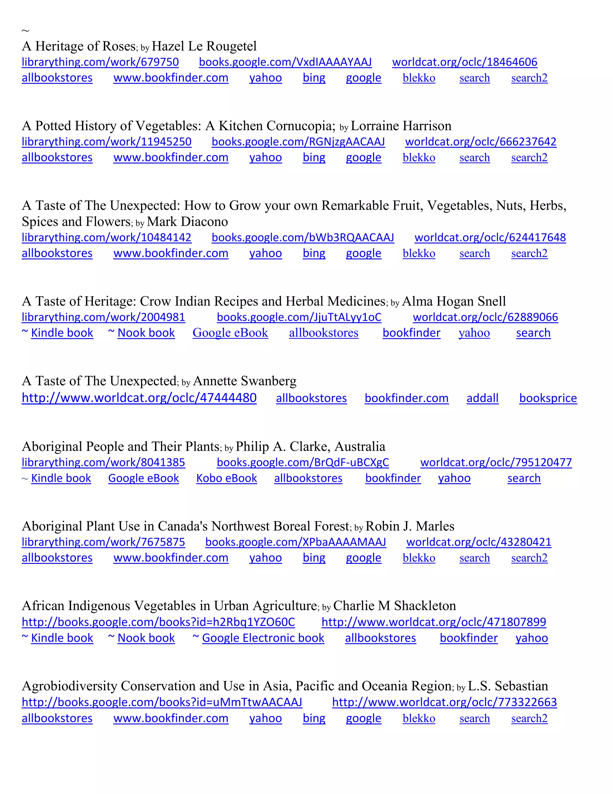~
A Heritage of Roses; by Hazel Le Rougetel
librarything.com/work/679750 books.google.com/VxdIAAAAYAAJ worldcat.org/oclc/18464606
allbookstores www.bookfinder.com yahoo bing google blekko search search2
A Potted History of Vegetables: A Kitchen Cornucopia; by Lorraine Harrison
librarything.com/work/11945250 books.google.com/RGNjzgAACAAJ worldcat.org/oclc/666237642
allbookstores www.bookfinder.com yahoo bing google blekko search search2
A Taste of The Unexpected: How to Grow your own Remarkable Fruit, Vegetables, Nuts, Herbs,
Spices and Flowers; by Mark Diacono
librarything.com/work/10484142 books.google.com/bWb3RQAACAAJ worldcat.org/oclc/624417648
allbookstores www.bookfinder.com yahoo bing google blekko search search2
A Taste of Heritage: Crow Indian Recipes and Herbal Medicines; by Alma Hogan Snell
librarything.com/work/2004981 books.google.com/JjuTtALyy1oC worldcat.org/oclc/62889066
~ Kindle book ~ Nook book Google eBook allbookstores bookfinder yahoo search
A Taste of The Unexpected; by Annette Swanberg
http://www.worldcat.org/oclc/47444480 allbookstores bookfinder.com addall booksprice
Aboriginal People and Their Plants; by Philip A. Clarke, Australia
librarything.com/work/8041385 books.google.com/BrQdF-uBCXgC worldcat.org/oclc/795120477
~ Kindle book Google eBook Kobo eBook allbookstores bookfinder yahoo search
Aboriginal Plant Use in Canada's Northwest Boreal Forest; by Robin J. Marles
librarything.com/work/7675875 books.google.com/XPbaAAAAMAAJ worldcat.org/oclc/43280421
allbookstores www.bookfinder.com yahoo bing google blekko search search2
African Indigenous Vegetables in Urban Agriculture; by Charlie M Shackleton
http://books.google.com/books?id=h2Rbq1YZO60C http://www.worldcat.org/oclc/471807899
~ Kindle book ~ Nook book ~ Google Electronic book allbookstores bookfinder yahoo
Agrobiodiversity Conservation and Use in Asia, Pacific and Oceania Region; by L.S. Sebastian
http://books.google.com/books?id=uMmTtwAACAAJ http://www.worldcat.org/oclc/773322663
allbookstores www.bookfinder.com yahoo bing google blekko search search2
 