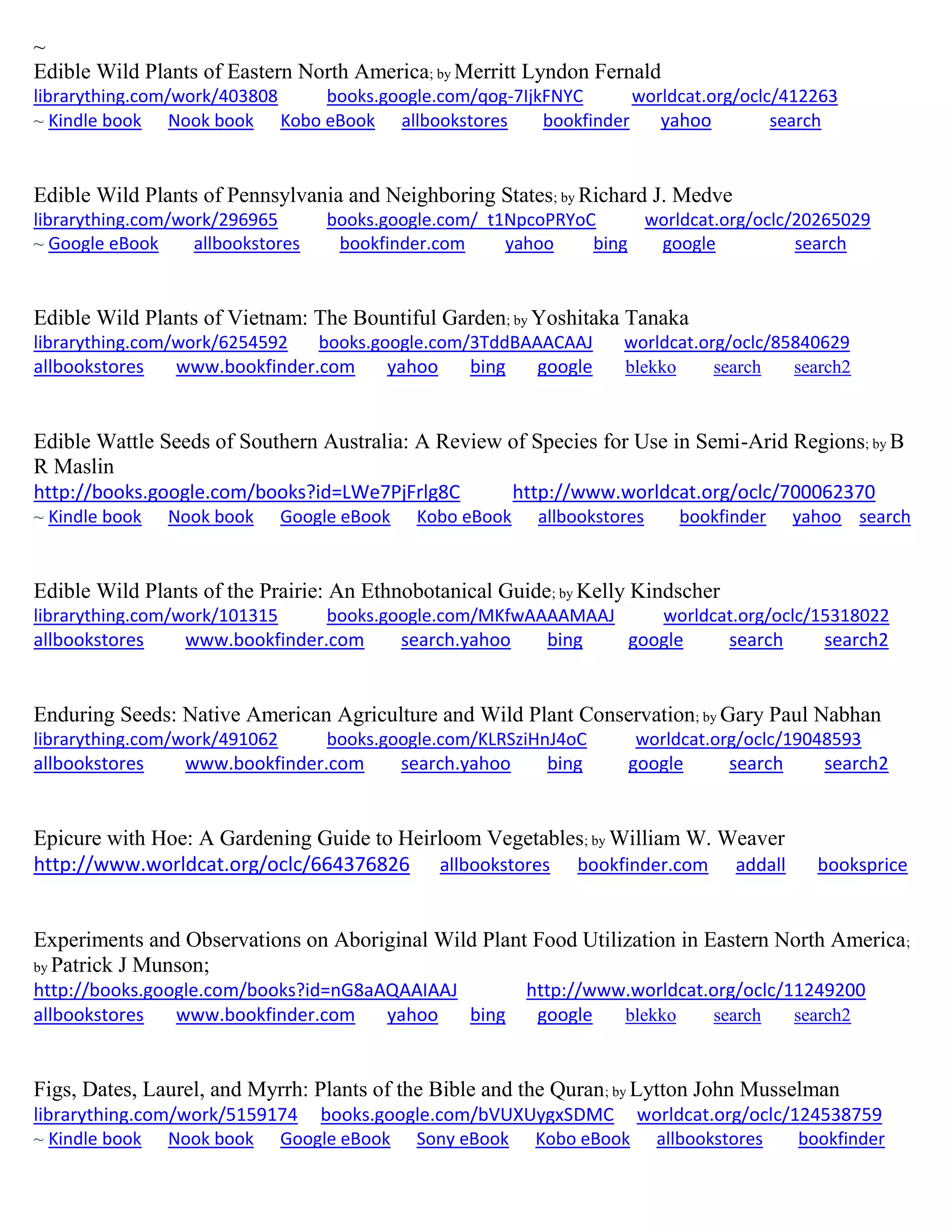 ~
Edible Wild Plants of Eastern North America; by Merritt Lyndon Fernald
librarything.com/work/403808 books.google.com/qog-7IjkFNYC worldcat.org/oclc/412263
~ Kindle book Nook book Kobo eBook allbookstores bookfinder yahoo search
Edible Wild Plants of Pennsylvania and Neighboring States; by Richard J. Medve
librarything.com/work/296965 books.google.com/_t1NpcoPRYoC worldcat.org/oclc/20265029
~ Google eBook allbookstores bookfinder.com yahoo bing google search
Edible Wild Plants of Vietnam: The Bountiful Garden; by Yoshitaka Tanaka
librarything.com/work/6254592 books.google.com/3TddBAAACAAJ worldcat.org/oclc/85840629
allbookstores www.bookfinder.com yahoo bing google blekko search search2
Edible Wattle Seeds of Southern Australia: A Review of Species for Use in Semi-Arid Regions; by B
R Maslin
http://books.google.com/books?id=LWe7PjFrlg8C http://www.worldcat.org/oclc/700062370
~ Kindle book Nook book Google eBook Kobo eBook allbookstores bookfinder yahoo search
Edible Wild Plants of the Prairie: An Ethnobotanical Guide; by Kelly Kindscher
librarything.com/work/101315 books.google.com/MKfwAAAAMAAJ worldcat.org/oclc/15318022
allbookstores www.bookfinder.com search.yahoo bing google search search2
Enduring Seeds: Native American Agriculture and Wild Plant Conservation; by Gary Paul Nabhan
librarything.com/work/491062 books.google.com/KLRSziHnJ4oC worldcat.org/oclc/19048593
allbookstores www.bookfinder.com search.yahoo bing google search search2
Epicure with Hoe: A Gardening Guide to Heirloom Vegetables; by William W. Weaver
http://www.worldcat.org/oclc/664376826 allbookstores bookfinder.com addall booksprice
Experiments and Observations on Aboriginal Wild Plant Food Utilization in Eastern North America;
by Patrick J Munson;
http://books.google.com/books?id=nG8aAQAAIAAJ http://www.worldcat.org/oclc/11249200
allbookstores www.bookfinder.com yahoo bing google blekko search search2
Figs, Dates, Laurel, and Myrrh: Plants of the Bible and the Quran; by Lytton John Musselman
librarything.com/work/5159174 books.google.com/bVUXUygxSDMC worldcat.org/oclc/124538759
~ Kindle book Nook book Google eBook Sony eBook Kobo eBook allbookstores bookfinder
 