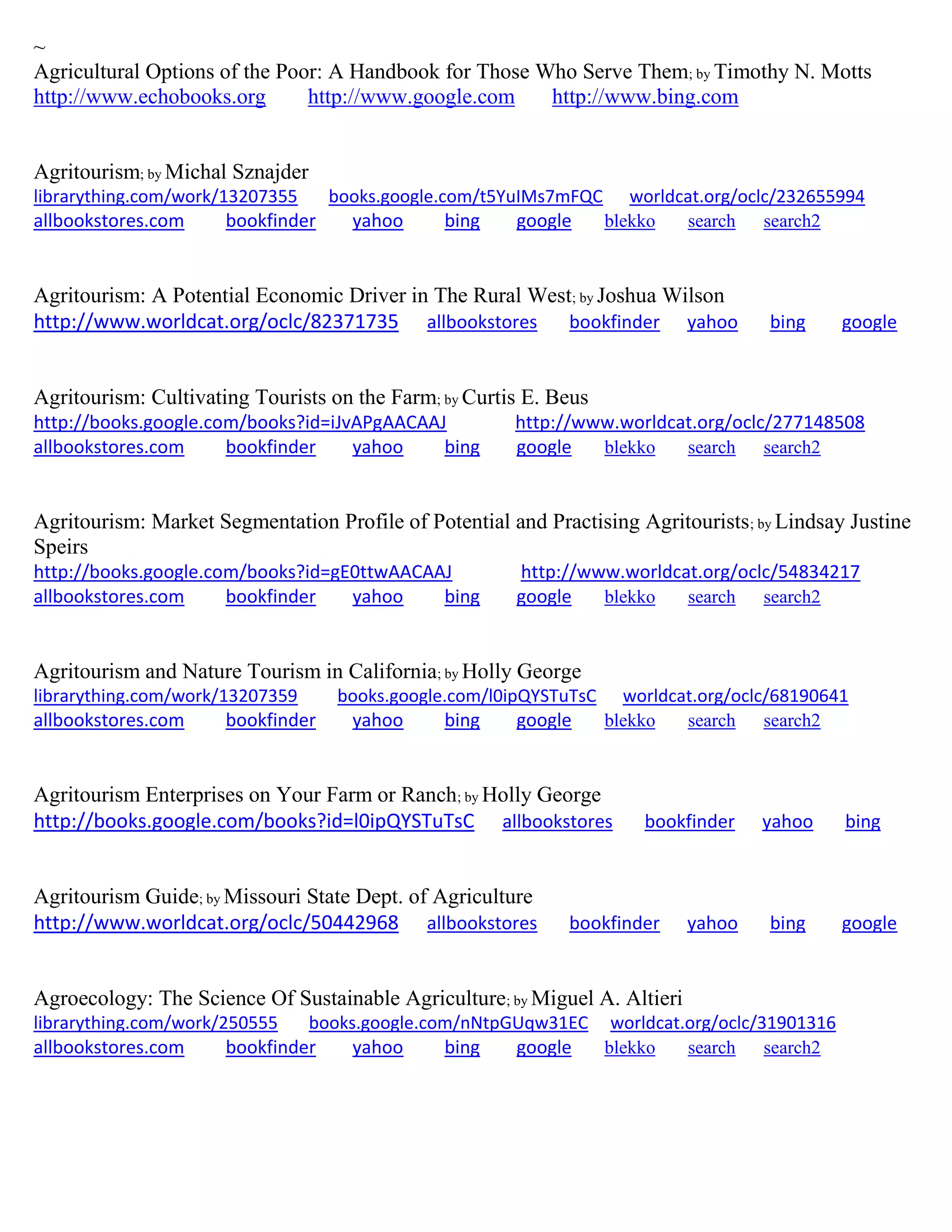 ~
Agricultural Options of the Poor: A Handbook for Those Who Serve Them; by Timothy N. Motts
http://www.echobooks.org http://www.google.com http://www.bing.com
Agritourism; by Michal Sznajder
librarything.com/work/13207355 books.google.com/t5YuIMs7mFQC worldcat.org/oclc/232655994
allbookstores.com bookfinder yahoo bing google blekko search search2
Agritourism: A Potential Economic Driver in The Rural West; by Joshua Wilson
http://www.worldcat.org/oclc/82371735 allbookstores bookfinder yahoo bing google
Agritourism: Cultivating Tourists on the Farm; by Curtis E. Beus
http://books.google.com/books?id=iJvAPgAACAAJ http://www.worldcat.org/oclc/277148508
allbookstores.com bookfinder yahoo bing google blekko search search2
Agritourism: Market Segmentation Profile of Potential and Practising Agritourists; by Lindsay Justine
Speirs
http://books.google.com/books?id=gE0ttwAACAAJ http://www.worldcat.org/oclc/54834217
allbookstores.com bookfinder yahoo bing google blekko search search2
Agritourism and Nature Tourism in California; by Holly George
librarything.com/work/13207359 books.google.com/l0ipQYSTuTsC worldcat.org/oclc/68190641
allbookstores.com bookfinder yahoo bing google blekko search search2
Agritourism Enterprises on Your Farm or Ranch; by Holly George
http://books.google.com/books?id=l0ipQYSTuTsC allbookstores bookfinder yahoo bing
Agritourism Guide; by Missouri State Dept. of Agriculture
http://www.worldcat.org/oclc/50442968 allbookstores bookfinder yahoo bing google
Agroecology: The Science Of Sustainable Agriculture; by Miguel A. Altieri
librarything.com/work/250555 books.google.com/nNtpGUqw31EC worldcat.org/oclc/31901316
allbookstores.com bookfinder yahoo bing google blekko search search2
 
