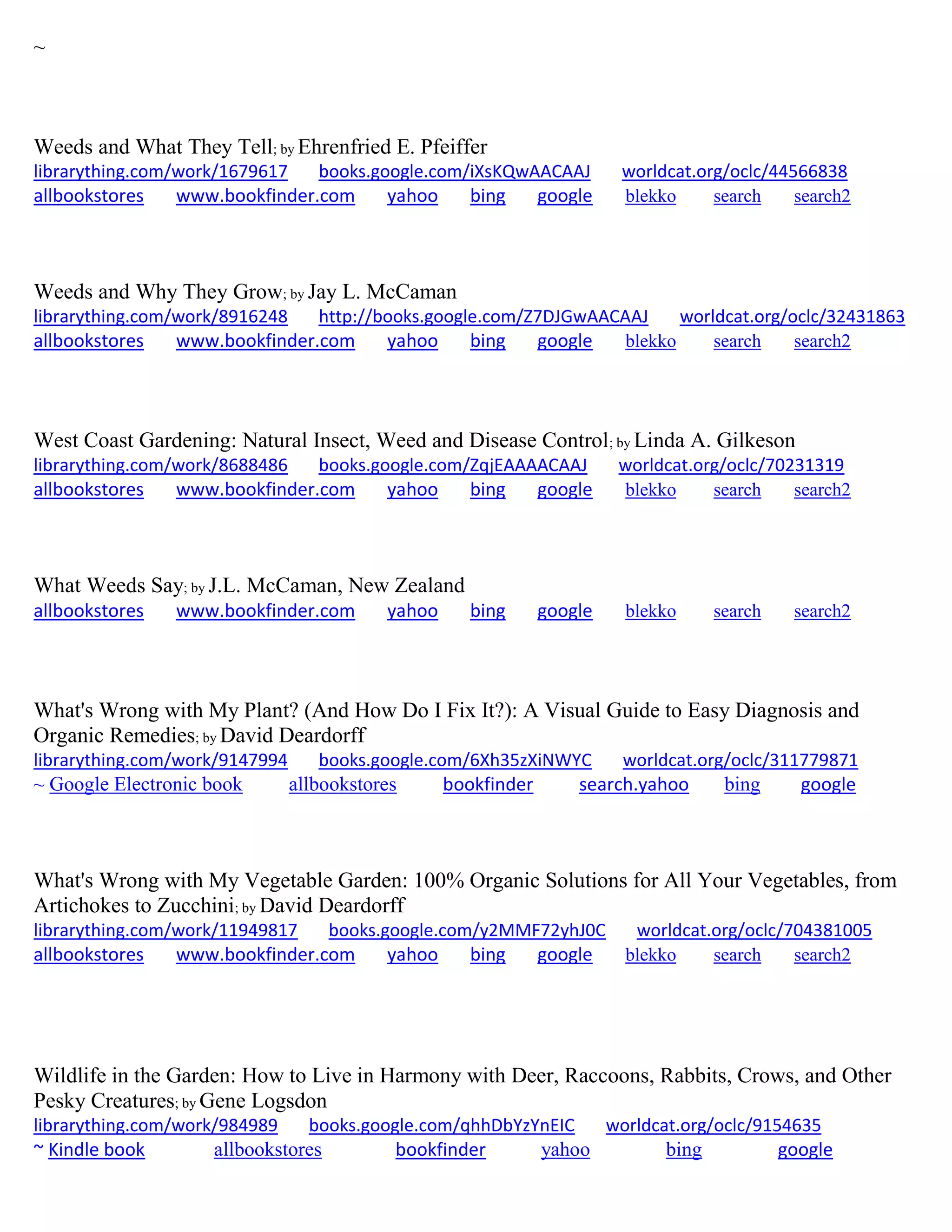 ~
Weeds and What They Tell; by Ehrenfried E. Pfeiffer
librarything.com/work/1679617 books.google.com/iXsKQwAACAAJ worldcat.org/oclc/44566838
allbookstores www.bookfinder.com yahoo bing google blekko search search2
Weeds and Why They Grow; by Jay L. McCaman
librarything.com/work/8916248 http://books.google.com/Z7DJGwAACAAJ worldcat.org/oclc/32431863
allbookstores www.bookfinder.com yahoo bing google blekko search search2
West Coast Gardening: Natural Insect, Weed and Disease Control; by Linda A. Gilkeson
librarything.com/work/8688486 books.google.com/ZqjEAAAACAAJ worldcat.org/oclc/70231319
allbookstores www.bookfinder.com yahoo bing google blekko search search2
What Weeds Say; by J.L. McCaman, New Zealand
allbookstores www.bookfinder.com yahoo bing google blekko search search2
What's Wrong with My Plant? (And How Do I Fix It?): A Visual Guide to Easy Diagnosis and
Organic Remedies; by David Deardorff
librarything.com/work/9147994 books.google.com/6Xh35zXiNWYC worldcat.org/oclc/311779871
~ Google Electronic book allbookstores bookfinder search.yahoo bing google
What's Wrong with My Vegetable Garden: 100% Organic Solutions for All Your Vegetables, from
Artichokes to Zucchini; by David Deardorff
librarything.com/work/11949817 books.google.com/y2MMF72yhJ0C worldcat.org/oclc/704381005
allbookstores www.bookfinder.com yahoo bing google blekko search search2
Wildlife in the Garden: How to Live in Harmony with Deer, Raccoons, Rabbits, Crows, and Other
Pesky Creatures; by Gene Logsdon
librarything.com/work/984989 books.google.com/qhhDbYzYnEIC worldcat.org/oclc/9154635
~ Kindle book allbookstores bookfinder yahoo bing google
 