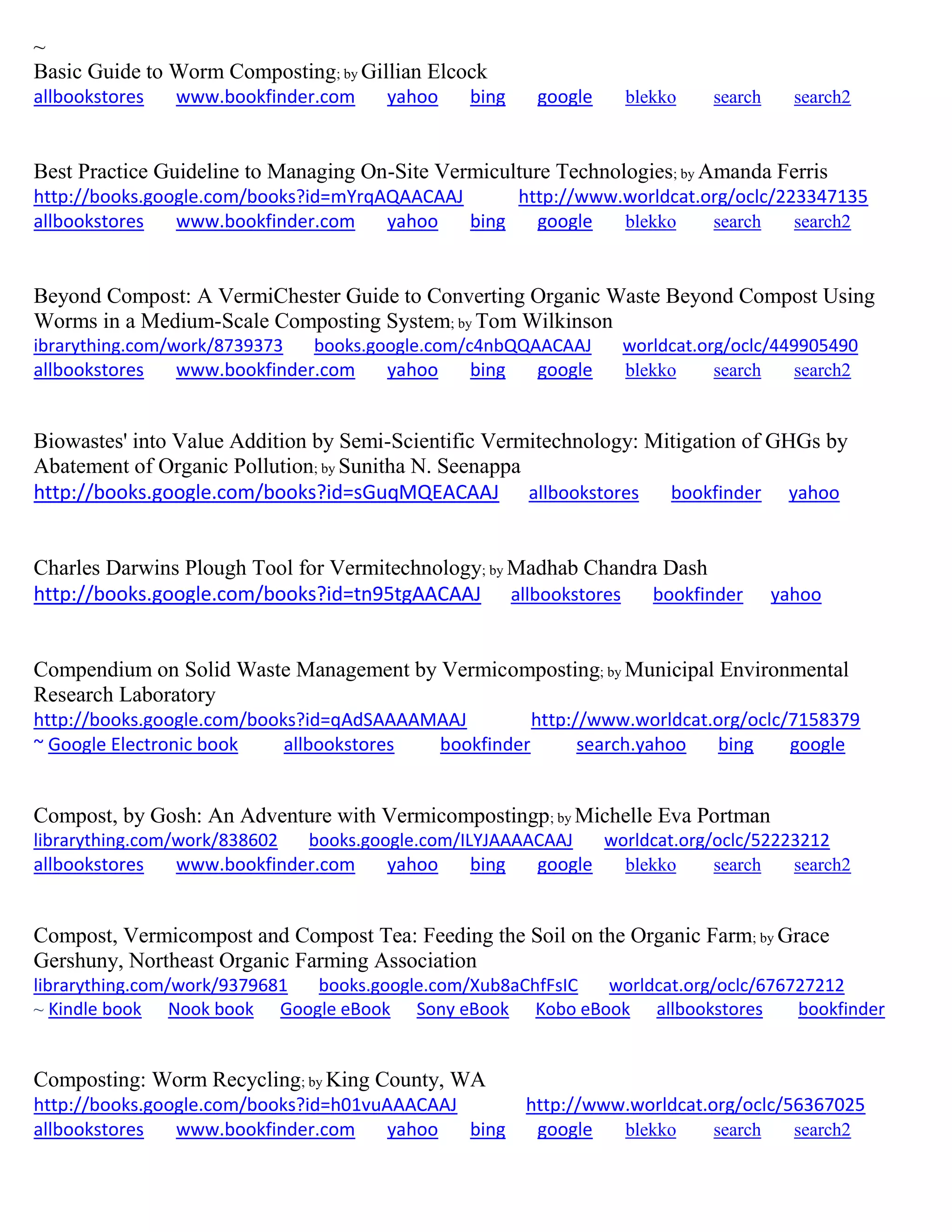 ~
Basic Guide to Worm Composting; by Gillian Elcock
allbookstores www.bookfinder.com yahoo bing google blekko search search2
Best Practice Guideline to Managing On-Site Vermiculture Technologies; by Amanda Ferris
http://books.google.com/books?id=mYrqAQAACAAJ http://www.worldcat.org/oclc/223347135
allbookstores www.bookfinder.com yahoo bing google blekko search search2
Beyond Compost: A VermiChester Guide to Converting Organic Waste Beyond Compost Using
Worms in a Medium-Scale Composting System; by Tom Wilkinson
ibrarything.com/work/8739373 books.google.com/c4nbQQAACAAJ worldcat.org/oclc/449905490
allbookstores www.bookfinder.com yahoo bing google blekko search search2
Biowastes' into Value Addition by Semi-Scientific Vermitechnology: Mitigation of GHGs by
Abatement of Organic Pollution; by Sunitha N. Seenappa
http://books.google.com/books?id=sGuqMQEACAAJ allbookstores bookfinder yahoo
Charles Darwins Plough Tool for Vermitechnology; by Madhab Chandra Dash
http://books.google.com/books?id=tn95tgAACAAJ allbookstores bookfinder yahoo
Compendium on Solid Waste Management by Vermicomposting; by Municipal Environmental
Research Laboratory
http://books.google.com/books?id=qAdSAAAAMAAJ http://www.worldcat.org/oclc/7158379
~ Google Electronic book allbookstores bookfinder search.yahoo bing google
Compost, by Gosh: An Adventure with Vermicompostingp; by Michelle Eva Portman
librarything.com/work/838602 books.google.com/ILYJAAAACAAJ worldcat.org/oclc/52223212
allbookstores www.bookfinder.com yahoo bing google blekko search search2
Compost, Vermicompost and Compost Tea: Feeding the Soil on the Organic Farm; by Grace
Gershuny, Northeast Organic Farming Association
librarything.com/work/9379681 books.google.com/Xub8aChfFsIC worldcat.org/oclc/676727212
~ Kindle book Nook book Google eBook Sony eBook Kobo eBook allbookstores bookfinder
Composting: Worm Recycling; by King County, WA
http://books.google.com/books?id=h01vuAAACAAJ http://www.worldcat.org/oclc/56367025
allbookstores www.bookfinder.com yahoo bing google blekko search search2
 