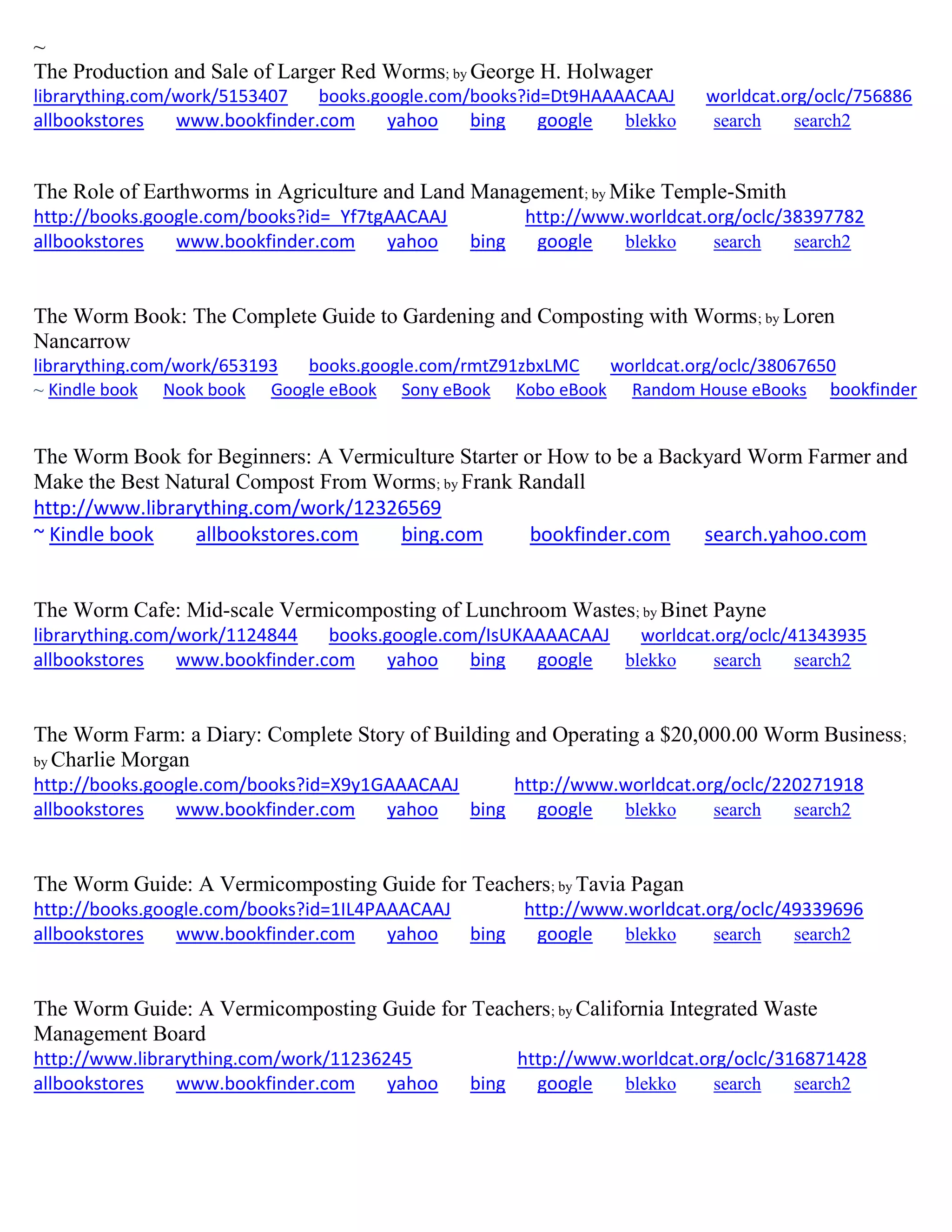 ~
The Production and Sale of Larger Red Worms; by George H. Holwager
librarything.com/work/5153407 books.google.com/books?id=Dt9HAAAACAAJ worldcat.org/oclc/756886
allbookstores www.bookfinder.com yahoo bing google blekko search search2
The Role of Earthworms in Agriculture and Land Management; by Mike Temple-Smith
http://books.google.com/books?id=_Yf7tgAACAAJ http://www.worldcat.org/oclc/38397782
allbookstores www.bookfinder.com yahoo bing google blekko search search2
The Worm Book: The Complete Guide to Gardening and Composting with Worms; by Loren
Nancarrow
librarything.com/work/653193 books.google.com/rmtZ91zbxLMC worldcat.org/oclc/38067650
~ Kindle book Nook book Google eBook Sony eBook Kobo eBook Random House eBooks bookfinder
The Worm Book for Beginners: A Vermiculture Starter or How to be a Backyard Worm Farmer and
Make the Best Natural Compost From Worms; by Frank Randall
http://www.librarything.com/work/12326569
~ Kindle book allbookstores.com bing.com bookfinder.com search.yahoo.com
The Worm Cafe: Mid-scale Vermicomposting of Lunchroom Wastes; by Binet Payne
librarything.com/work/1124844 books.google.com/IsUKAAAACAAJ worldcat.org/oclc/41343935
allbookstores www.bookfinder.com yahoo bing google blekko search search2
The Worm Farm: a Diary: Complete Story of Building and Operating a $20,000.00 Worm Business;
by Charlie Morgan
http://books.google.com/books?id=X9y1GAAACAAJ http://www.worldcat.org/oclc/220271918
allbookstores www.bookfinder.com yahoo bing google blekko search search2
The Worm Guide: A Vermicomposting Guide for Teachers; by Tavia Pagan
http://books.google.com/books?id=1IL4PAAACAAJ http://www.worldcat.org/oclc/49339696
allbookstores www.bookfinder.com yahoo bing google blekko search search2
The Worm Guide: A Vermicomposting Guide for Teachers; by California Integrated Waste
Management Board
http://www.librarything.com/work/11236245 http://www.worldcat.org/oclc/316871428
allbookstores www.bookfinder.com yahoo bing google blekko search search2
 