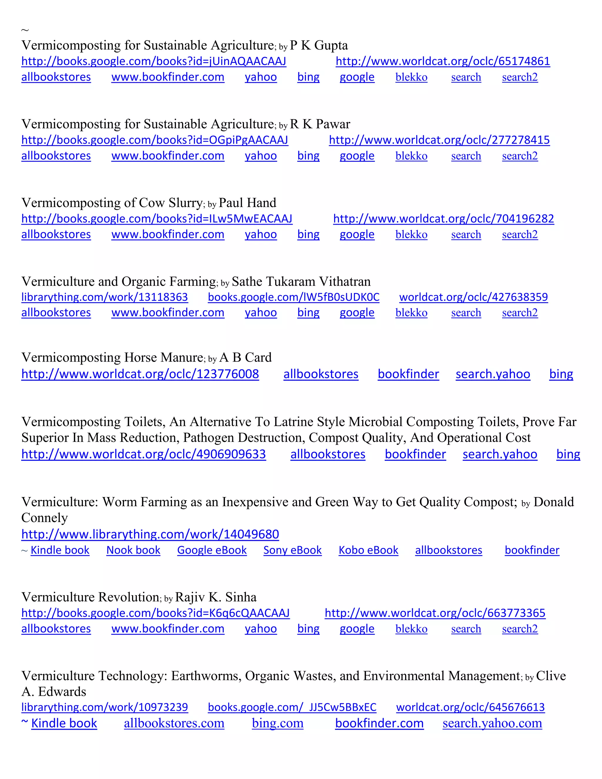 ~
Vermicomposting for Sustainable Agriculture; by P K Gupta
http://books.google.com/books?id=jUinAQAACAAJ http://www.worldcat.org/oclc/65174861
allbookstores www.bookfinder.com yahoo bing google blekko search search2
Vermicomposting for Sustainable Agriculture; by R K Pawar
http://books.google.com/books?id=OGpiPgAACAAJ http://www.worldcat.org/oclc/277278415
allbookstores www.bookfinder.com yahoo bing google blekko search search2
Vermicomposting of Cow Slurry; by Paul Hand
http://books.google.com/books?id=ILw5MwEACAAJ http://www.worldcat.org/oclc/704196282
allbookstores www.bookfinder.com yahoo bing google blekko search search2
Vermiculture and Organic Farming; by Sathe Tukaram Vithatran
librarything.com/work/13118363 books.google.com/lW5fB0sUDK0C worldcat.org/oclc/427638359
allbookstores www.bookfinder.com yahoo bing google blekko search search2
Vermicomposting Horse Manure; by A B Card
http://www.worldcat.org/oclc/123776008 allbookstores bookfinder search.yahoo bing
Vermicomposting Toilets, An Alternative To Latrine Style Microbial Composting Toilets, Prove Far
Superior In Mass Reduction, Pathogen Destruction, Compost Quality, And Operational Cost
http://www.worldcat.org/oclc/4906909633 allbookstores bookfinder search.yahoo bing
Vermiculture: Worm Farming as an Inexpensive and Green Way to Get Quality Compost; by Donald
Connely
http://www.librarything.com/work/14049680
~ Kindle book Nook book Google eBook Sony eBook Kobo eBook allbookstores bookfinder
Vermiculture Revolution; by Rajiv K. Sinha
http://books.google.com/books?id=K6q6cQAACAAJ http://www.worldcat.org/oclc/663773365
allbookstores www.bookfinder.com yahoo bing google blekko search search2
Vermiculture Technology: Earthworms, Organic Wastes, and Environmental Management; by Clive
A. Edwards
librarything.com/work/10973239 books.google.com/_JJ5Cw5BBxEC worldcat.org/oclc/645676613
~ Kindle book allbookstores.com bing.com bookfinder.com search.yahoo.com
 