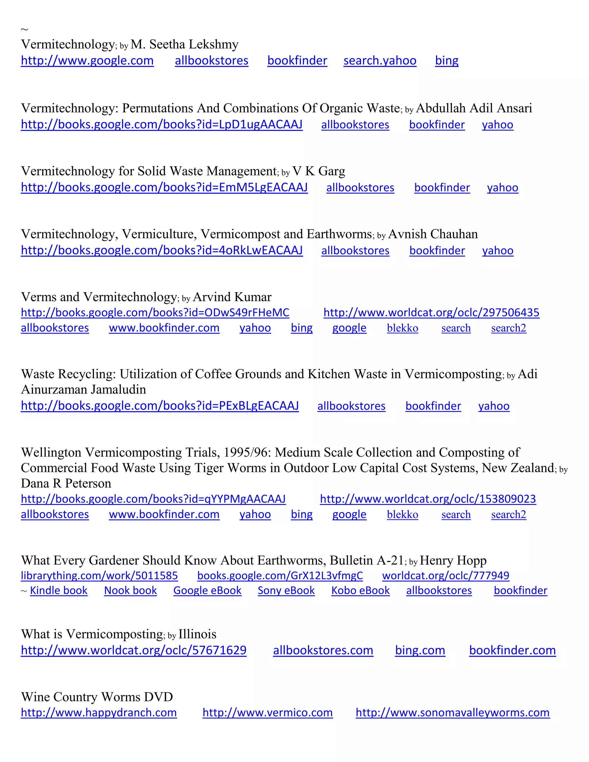~
Vermitechnology; by M. Seetha Lekshmy
http://www.google.com allbookstores bookfinder search.yahoo bing
Vermitechnology: Permutations And Combinations Of Organic Waste; by Abdullah Adil Ansari
http://books.google.com/books?id=LpD1ugAACAAJ allbookstores bookfinder yahoo
Vermitechnology for Solid Waste Management; by V K Garg
http://books.google.com/books?id=EmM5LgEACAAJ allbookstores bookfinder yahoo
Vermitechnology, Vermiculture, Vermicompost and Earthworms; by Avnish Chauhan
http://books.google.com/books?id=4oRkLwEACAAJ allbookstores bookfinder yahoo
Verms and Vermitechnology; by Arvind Kumar
http://books.google.com/books?id=ODwS49rFHeMC http://www.worldcat.org/oclc/297506435
allbookstores www.bookfinder.com yahoo bing google blekko search search2
Waste Recycling: Utilization of Coffee Grounds and Kitchen Waste in Vermicomposting; by Adi
Ainurzaman Jamaludin
http://books.google.com/books?id=PExBLgEACAAJ allbookstores bookfinder yahoo
Wellington Vermicomposting Trials, 1995/96: Medium Scale Collection and Composting of
Commercial Food Waste Using Tiger Worms in Outdoor Low Capital Cost Systems, New Zealand; by
Dana R Peterson
http://books.google.com/books?id=qYYPMgAACAAJ http://www.worldcat.org/oclc/153809023
allbookstores www.bookfinder.com yahoo bing google blekko search search2
What Every Gardener Should Know About Earthworms, Bulletin A-21; by Henry Hopp
librarything.com/work/5011585 books.google.com/GrX12L3vfmgC worldcat.org/oclc/777949
~ Kindle book Nook book Google eBook Sony eBook Kobo eBook allbookstores bookfinder
What is Vermicomposting; by Illinois
http://www.worldcat.org/oclc/57671629 allbookstores.com bing.com bookfinder.com
Wine Country Worms DVD
http://www.happydranch.com http://www.vermico.com http://www.sonomavalleyworms.com
 