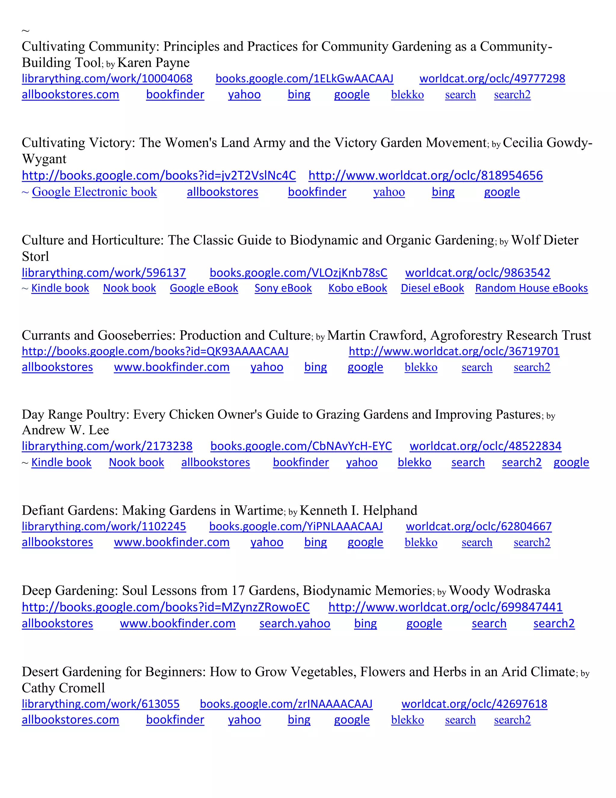 ~
Cultivating Community: Principles and Practices for Community Gardening as a Community-
Building Tool; by Karen Payne
librarything.com/work/10004068 books.google.com/1ELkGwAACAAJ worldcat.org/oclc/49777298
allbookstores.com bookfinder yahoo bing google blekko search search2
Cultivating Victory: The Women's Land Army and the Victory Garden Movement; by Cecilia Gowdy-
Wygant
http://books.google.com/books?id=jv2T2VslNc4C http://www.worldcat.org/oclc/818954656
~ Google Electronic book allbookstores bookfinder yahoo bing google
Culture and Horticulture: The Classic Guide to Biodynamic and Organic Gardening; by Wolf Dieter
Storl
librarything.com/work/596137 books.google.com/VLOzjKnb78sC worldcat.org/oclc/9863542
~ Kindle book Nook book Google eBook Sony eBook Kobo eBook Diesel eBook Random House eBooks
Currants and Gooseberries: Production and Culture; by Martin Crawford, Agroforestry Research Trust
http://books.google.com/books?id=QK93AAAACAAJ http://www.worldcat.org/oclc/36719701
allbookstores www.bookfinder.com yahoo bing google blekko search search2
Day Range Poultry: Every Chicken Owner's Guide to Grazing Gardens and Improving Pastures; by
Andrew W. Lee
librarything.com/work/2173238 books.google.com/CbNAvYcH-EYC worldcat.org/oclc/48522834
~ Kindle book Nook book allbookstores bookfinder yahoo blekko search search2 google
Defiant Gardens: Making Gardens in Wartime; by Kenneth I. Helphand
librarything.com/work/1102245 books.google.com/YiPNLAAACAAJ worldcat.org/oclc/62804667
allbookstores www.bookfinder.com yahoo bing google blekko search search2
Deep Gardening: Soul Lessons from 17 Gardens, Biodynamic Memories; by Woody Wodraska
http://books.google.com/books?id=MZynzZRowoEC http://www.worldcat.org/oclc/699847441
allbookstores www.bookfinder.com search.yahoo bing google search search2
Desert Gardening for Beginners: How to Grow Vegetables, Flowers and Herbs in an Arid Climate; by
Cathy Cromell
librarything.com/work/613055 books.google.com/zrINAAAACAAJ worldcat.org/oclc/42697618
allbookstores.com bookfinder yahoo bing google blekko search search2
 