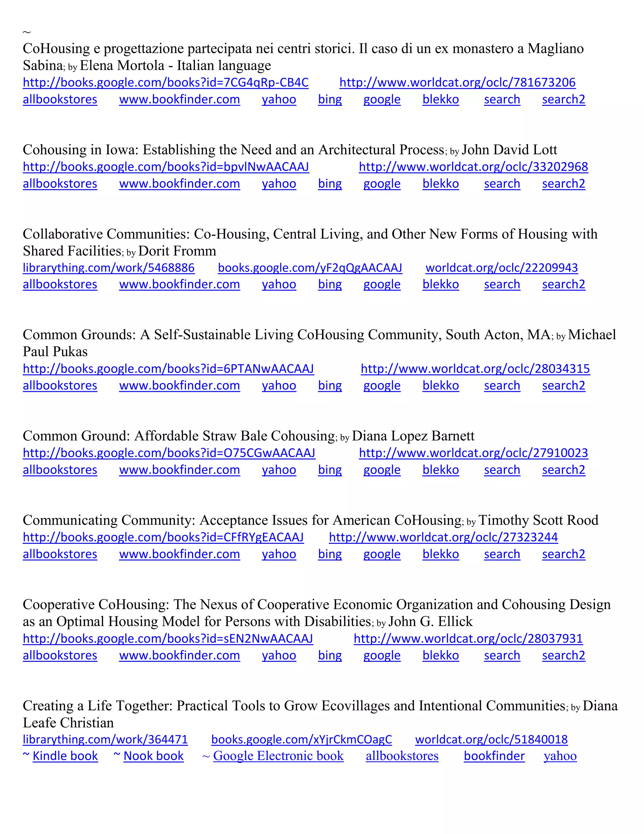 ~
CoHousing e progettazione partecipata nei centri storici. Il caso di un ex monastero a Magliano
Sabina; by Elena Mortola - Italian language
http://books.google.com/books?id=7CG4qRp-CB4C http://www.worldcat.org/oclc/781673206
allbookstores www.bookfinder.com yahoo bing google blekko search search2
Cohousing in Iowa: Establishing the Need and an Architectural Process; by John David Lott
http://books.google.com/books?id=bpvlNwAACAAJ http://www.worldcat.org/oclc/33202968
allbookstores www.bookfinder.com yahoo bing google blekko search search2
Collaborative Communities: Co-Housing, Central Living, and Other New Forms of Housing with
Shared Facilities; by Dorit Fromm
librarything.com/work/5468886 books.google.com/yF2qQgAACAAJ worldcat.org/oclc/22209943
allbookstores www.bookfinder.com yahoo bing google blekko search search2
Common Grounds: A Self-Sustainable Living CoHousing Community, South Acton, MA; by Michael
Paul Pukas
http://books.google.com/books?id=6PTANwAACAAJ http://www.worldcat.org/oclc/28034315
allbookstores www.bookfinder.com yahoo bing google blekko search search2
Common Ground: Affordable Straw Bale Cohousing; by Diana Lopez Barnett
http://books.google.com/books?id=O75CGwAACAAJ http://www.worldcat.org/oclc/27910023
allbookstores www.bookfinder.com yahoo bing google blekko search search2
Communicating Community: Acceptance Issues for American CoHousing; by Timothy Scott Rood
http://books.google.com/books?id=CFfRYgEACAAJ http://www.worldcat.org/oclc/27323244
allbookstores www.bookfinder.com yahoo bing google blekko search search2
Cooperative CoHousing: The Nexus of Cooperative Economic Organization and Cohousing Design
as an Optimal Housing Model for Persons with Disabilities; by John G. Ellick
http://books.google.com/books?id=sEN2NwAACAAJ http://www.worldcat.org/oclc/28037931
allbookstores www.bookfinder.com yahoo bing google blekko search search2
Creating a Life Together: Practical Tools to Grow Ecovillages and Intentional Communities; by Diana
Leafe Christian
librarything.com/work/364471 books.google.com/xYjrCkmCOagC worldcat.org/oclc/51840018
~ Kindle book ~ Nook book ~ Google Electronic book allbookstores bookfinder yahoo
 