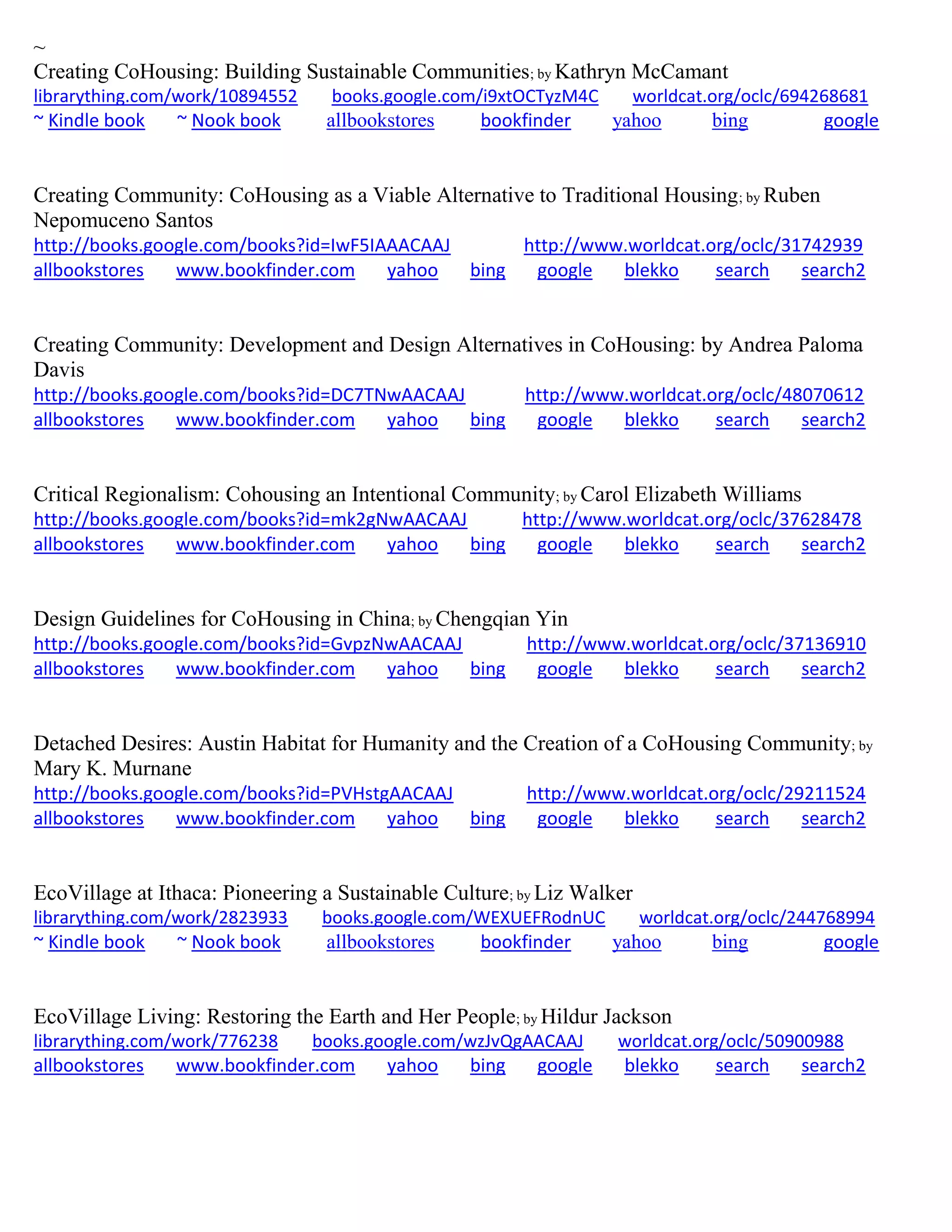 ~
Creating CoHousing: Building Sustainable Communities; by Kathryn McCamant
librarything.com/work/10894552 books.google.com/i9xtOCTyzM4C worldcat.org/oclc/694268681
~ Kindle book ~ Nook book allbookstores bookfinder yahoo bing google
Creating Community: CoHousing as a Viable Alternative to Traditional Housing; by Ruben
Nepomuceno Santos
http://books.google.com/books?id=IwF5IAAACAAJ http://www.worldcat.org/oclc/31742939
allbookstores www.bookfinder.com yahoo bing google blekko search search2
Creating Community: Development and Design Alternatives in CoHousing: by Andrea Paloma
Davis
http://books.google.com/books?id=DC7TNwAACAAJ http://www.worldcat.org/oclc/48070612
allbookstores www.bookfinder.com yahoo bing google blekko search search2
Critical Regionalism: Cohousing an Intentional Community; by Carol Elizabeth Williams
http://books.google.com/books?id=mk2gNwAACAAJ http://www.worldcat.org/oclc/37628478
allbookstores www.bookfinder.com yahoo bing google blekko search search2
Design Guidelines for CoHousing in China; by Chengqian Yin
http://books.google.com/books?id=GvpzNwAACAAJ http://www.worldcat.org/oclc/37136910
allbookstores www.bookfinder.com yahoo bing google blekko search search2
Detached Desires: Austin Habitat for Humanity and the Creation of a CoHousing Community; by
Mary K. Murnane
http://books.google.com/books?id=PVHstgAACAAJ http://www.worldcat.org/oclc/29211524
allbookstores www.bookfinder.com yahoo bing google blekko search search2
EcoVillage at Ithaca: Pioneering a Sustainable Culture; by Liz Walker
librarything.com/work/2823933 books.google.com/WEXUEFRodnUC worldcat.org/oclc/244768994
~ Kindle book ~ Nook book allbookstores bookfinder yahoo bing google
EcoVillage Living: Restoring the Earth and Her People; by Hildur Jackson
librarything.com/work/776238 books.google.com/wzJvQgAACAAJ worldcat.org/oclc/50900988
allbookstores www.bookfinder.com yahoo bing google blekko search search2
 
