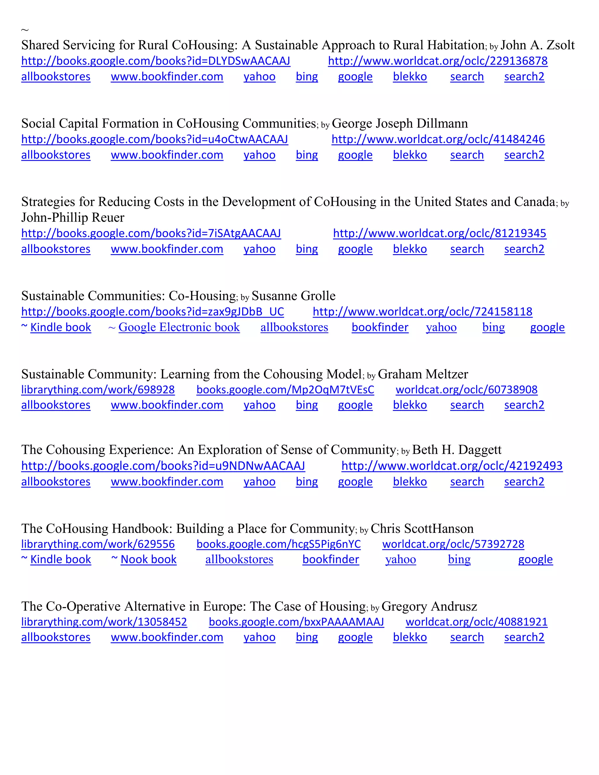 ~
Shared Servicing for Rural CoHousing: A Sustainable Approach to Rural Habitation; by John A. Zsolt
http://books.google.com/books?id=DLYDSwAACAAJ http://www.worldcat.org/oclc/229136878
allbookstores www.bookfinder.com yahoo bing google blekko search search2
Social Capital Formation in CoHousing Communities; by George Joseph Dillmann
http://books.google.com/books?id=u4oCtwAACAAJ http://www.worldcat.org/oclc/41484246
allbookstores www.bookfinder.com yahoo bing google blekko search search2
Strategies for Reducing Costs in the Development of CoHousing in the United States and Canada; by
John-Phillip Reuer
http://books.google.com/books?id=7iSAtgAACAAJ http://www.worldcat.org/oclc/81219345
allbookstores www.bookfinder.com yahoo bing google blekko search search2
Sustainable Communities: Co-Housing; by Susanne Grolle
http://books.google.com/books?id=zax9gJDbB_UC http://www.worldcat.org/oclc/724158118
~ Kindle book ~ Google Electronic book allbookstores bookfinder yahoo bing google
Sustainable Community: Learning from the Cohousing Model; by Graham Meltzer
librarything.com/work/698928 books.google.com/Mp2OqM7tVEsC worldcat.org/oclc/60738908
allbookstores www.bookfinder.com yahoo bing google blekko search search2
The Cohousing Experience: An Exploration of Sense of Community; by Beth H. Daggett
http://books.google.com/books?id=u9NDNwAACAAJ http://www.worldcat.org/oclc/42192493
allbookstores www.bookfinder.com yahoo bing google blekko search search2
The CoHousing Handbook: Building a Place for Community; by Chris ScottHanson
librarything.com/work/629556 books.google.com/hcgS5Pig6nYC worldcat.org/oclc/57392728
~ Kindle book ~ Nook book allbookstores bookfinder yahoo bing google
The Co-Operative Alternative in Europe: The Case of Housing; by Gregory Andrusz
librarything.com/work/13058452 books.google.com/bxxPAAAAMAAJ worldcat.org/oclc/40881921
allbookstores www.bookfinder.com yahoo bing google blekko search search2
 