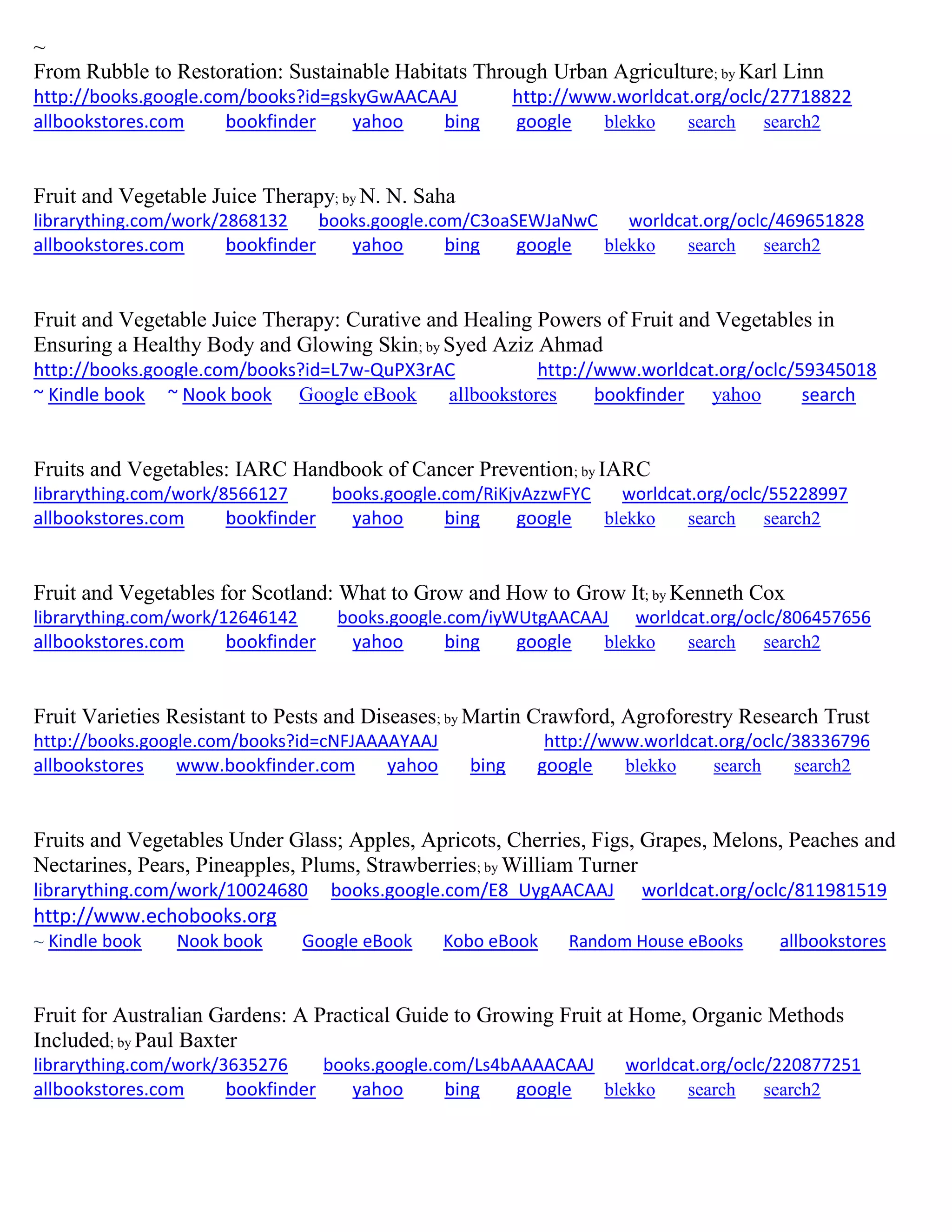 ~
From Rubble to Restoration: Sustainable Habitats Through Urban Agriculture; by Karl Linn
http://books.google.com/books?id=gskyGwAACAAJ http://www.worldcat.org/oclc/27718822
allbookstores.com bookfinder yahoo bing google blekko search search2
Fruit and Vegetable Juice Therapy; by N. N. Saha
librarything.com/work/2868132 books.google.com/C3oaSEWJaNwC worldcat.org/oclc/469651828
allbookstores.com bookfinder yahoo bing google blekko search search2
Fruit and Vegetable Juice Therapy: Curative and Healing Powers of Fruit and Vegetables in
Ensuring a Healthy Body and Glowing Skin; by Syed Aziz Ahmad
http://books.google.com/books?id=L7w-QuPX3rAC http://www.worldcat.org/oclc/59345018
~ Kindle book ~ Nook book Google eBook allbookstores bookfinder yahoo search
Fruits and Vegetables: IARC Handbook of Cancer Prevention; by IARC
librarything.com/work/8566127 books.google.com/RiKjvAzzwFYC worldcat.org/oclc/55228997
allbookstores.com bookfinder yahoo bing google blekko search search2
Fruit and Vegetables for Scotland: What to Grow and How to Grow It; by Kenneth Cox
librarything.com/work/12646142 books.google.com/iyWUtgAACAAJ worldcat.org/oclc/806457656
allbookstores.com bookfinder yahoo bing google blekko search search2
Fruit Varieties Resistant to Pests and Diseases; by Martin Crawford, Agroforestry Research Trust
http://books.google.com/books?id=cNFJAAAAYAAJ http://www.worldcat.org/oclc/38336796
allbookstores www.bookfinder.com yahoo bing google blekko search search2
Fruits and Vegetables Under Glass; Apples, Apricots, Cherries, Figs, Grapes, Melons, Peaches and
Nectarines, Pears, Pineapples, Plums, Strawberries; by William Turner
librarything.com/work/10024680 books.google.com/E8_UygAACAAJ worldcat.org/oclc/811981519
http://www.echobooks.org
~ Kindle book Nook book Google eBook Kobo eBook Random House eBooks allbookstores
Fruit for Australian Gardens: A Practical Guide to Growing Fruit at Home, Organic Methods
Included; by Paul Baxter
librarything.com/work/3635276 books.google.com/Ls4bAAAACAAJ worldcat.org/oclc/220877251
allbookstores.com bookfinder yahoo bing google blekko search search2
 