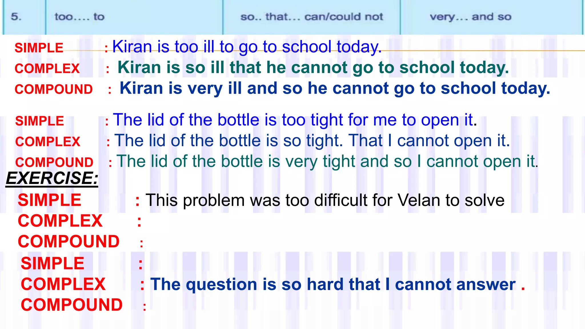 SIMPLE : Kiran is too ill to go to school today.
COMPLEX : Kiran is so ill that he cannot go to school today.
COMPOUND : Kiran is very ill and so he cannot go to school today.
SIMPLE : The lid of the bottle is too tight for me to open it.
COMPLEX : The lid of the bottle is so tight. That I cannot open it.
COMPOUND : The lid of the bottle is very tight and so I cannot open it.
SIMPLE : This problem was too difficult for Velan to solve
COMPLEX :
COMPOUND :
EXERCISE:
SIMPLE :
COMPLEX : The question is so hard that I cannot answer .
COMPOUND :
 