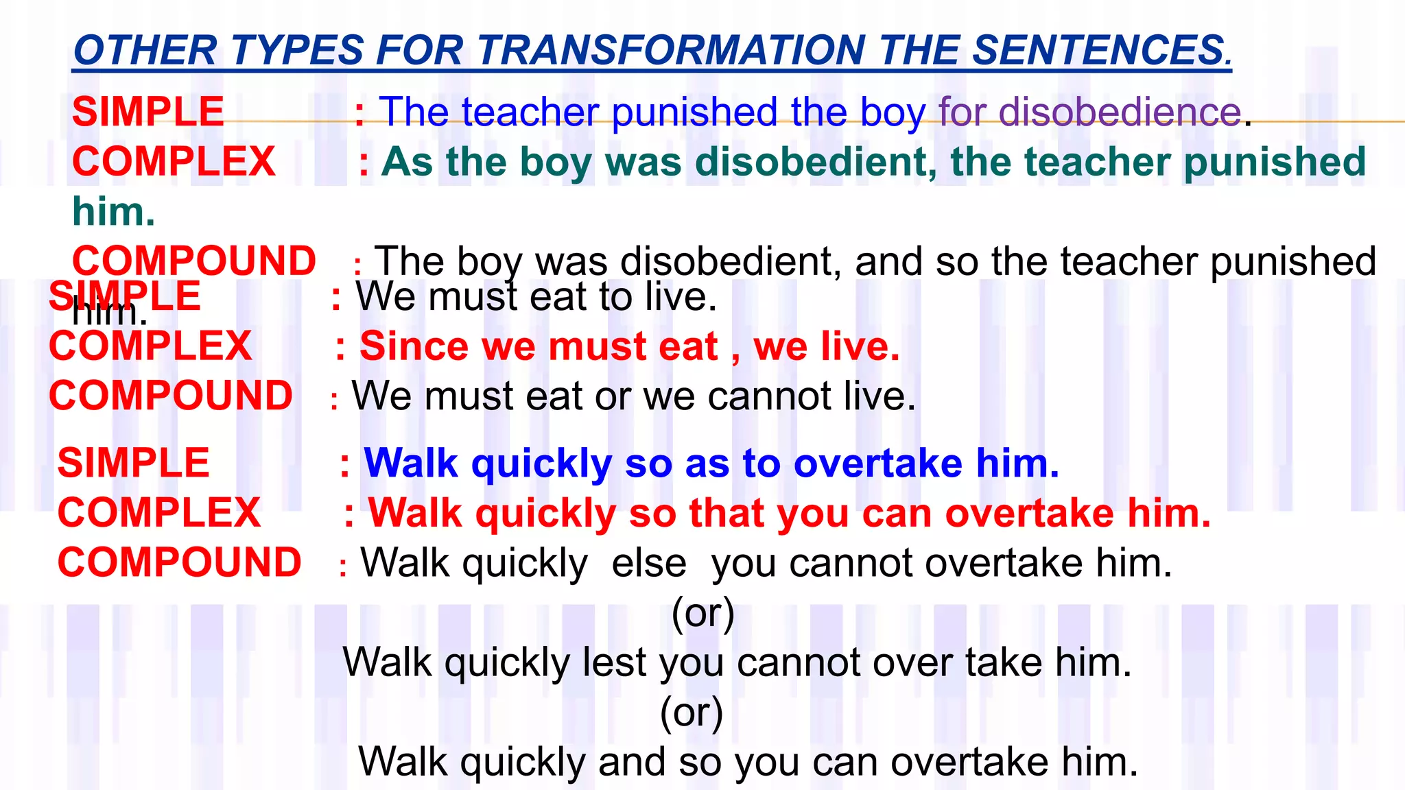 OTHER TYPES FOR TRANSFORMATION THE SENTENCES.
SIMPLE : The teacher punished the boy for disobedience.
COMPLEX : As the boy was disobedient, the teacher punished
him.
COMPOUND : The boy was disobedient, and so the teacher punished
him.SIMPLE : We must eat to live.
COMPLEX : Since we must eat , we live.
COMPOUND : We must eat or we cannot live.
SIMPLE : Walk quickly so as to overtake him.
COMPLEX : Walk quickly so that you can overtake him.
COMPOUND : Walk quickly else you cannot overtake him.
(or)
Walk quickly lest you cannot over take him.
(or)
Walk quickly and so you can overtake him.
 