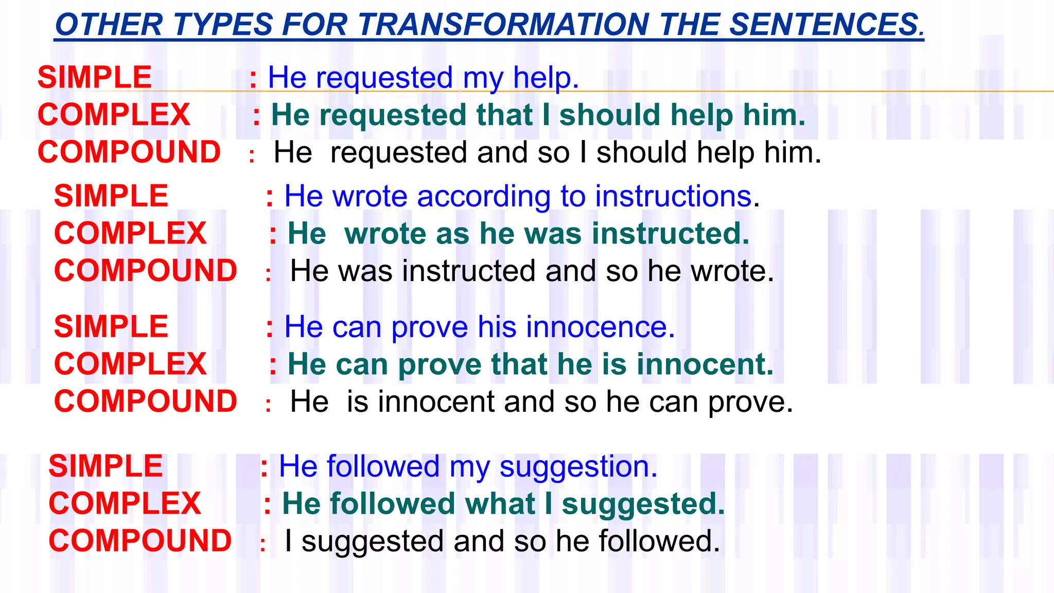 OTHER TYPES FOR TRANSFORMATION THE SENTENCES.
SIMPLE : He requested my help.
COMPLEX : He requested that I should help him.
COMPOUND : He requested and so I should help him.
SIMPLE : He wrote according to instructions.
COMPLEX : He wrote as he was instructed.
COMPOUND : He was instructed and so he wrote.
SIMPLE : He can prove his innocence.
COMPLEX : He can prove that he is innocent.
COMPOUND : He is innocent and so he can prove.
SIMPLE : He followed my suggestion.
COMPLEX : He followed what I suggested.
COMPOUND : I suggested and so he followed.
 