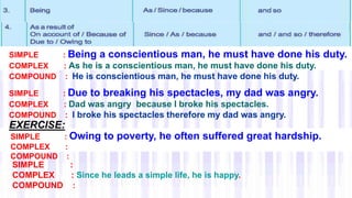 SIMPLE : Being a conscientious man, he must have done his duty.
COMPLEX : As he is a conscientious man, he must have done his duty.
COMPOUND : He is conscientious man, he must have done his duty.
SIMPLE : Due to breaking his spectacles, my dad was angry.
COMPLEX : Dad was angry because I broke his spectacles.
COMPOUND : I broke his spectacles therefore my dad was angry.
SIMPLE : Owing to poverty, he often suffered great hardship.
COMPLEX :
COMPOUND :
EXERCISE:
SIMPLE :
COMPLEX : Since he leads a simple life, he is happy.
COMPOUND :
 