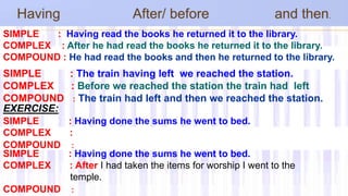 SIMPLE : Having read the books he returned it to the library.
COMPLEX : After he had read the books he returned it to the library.
COMPOUND : He had read the books and then he returned to the library.
SIMPLE : The train having left we reached the station.
COMPLEX : Before we reached the station the train had left
COMPOUND : The train had left and then we reached the station.
EXERCISE:
SIMPLE : Having done the sums he went to bed.
COMPLEX :
COMPOUND :
SIMPLE : Having done the sums he went to bed.
COMPLEX : After I had taken the items for worship I went to the
temple.
COMPOUND :
 