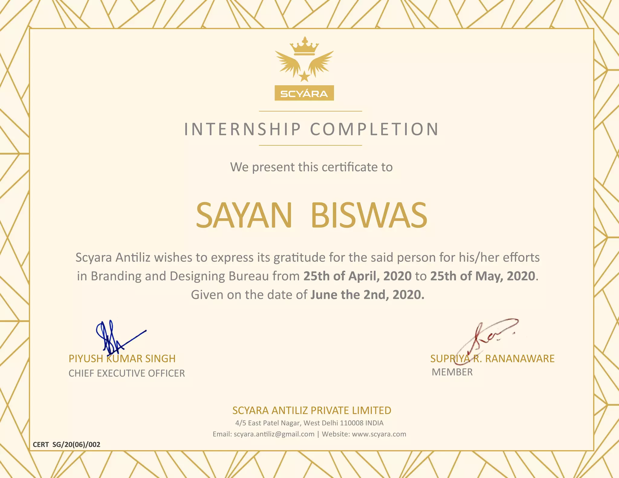 Scyara desiging internship certificate 2020 | PDF