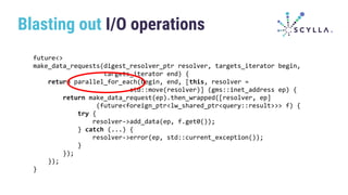 Blasting out I/O operations
future<>
make_data_requests(digest_resolver_ptr resolver, targets_iterator begin,
targets_iterator end) {
return parallel_for_each(begin, end, [this, resolver =
std::move(resolver)] (gms::inet_address ep) {
return make_data_request(ep).then_wrapped([resolver, ep]
(future<foreign_ptr<lw_shared_ptr<query::result>>> f) {
try {
resolver->add_data(ep, f.get0());
} catch (...) {
resolver->error(ep, std::current_exception());
}
});
});
}
 
