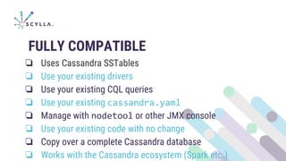 FULLY COMPATIBLE
❏ Uses Cassandra SSTables
❏ Use your existing drivers
❏ Use your existing CQL queries
❏ Use your existing cassandra.yaml
❏ Manage with nodetool or other JMX console
❏ Use your existing code with no change
❏ Copy over a complete Cassandra database
❏ Works with the Cassandra ecosystem (Spark etc.)
 