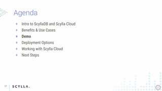 + Intro to ScyllaDB and Scylla Cloud
+ Beneﬁts & Use Cases
+ Demo
+ Deployment Options
+ Working with Scylla Cloud
+ Next Steps
27
 