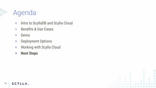 + Intro to ScyllaDB and Scylla Cloud
+ Beneﬁts & Use Cases
+ Demo
+ Deployment Options
+ Working with Scylla Cloud
+ Next Steps
43
 