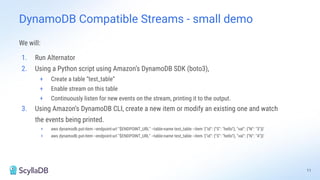 We will:
1. Run Alternator
2. Using a Python script using Amazon’s DynamoDB SDK (boto3),
+ Create a table “test_table”
+ Enable stream on this table
+ Continuously listen for new events on the stream, printing it to the output.
3. Using Amazon’s DynamoDB CLI, create a new item or modify an existing one and watch
the events being printed.
+ aws dynamodb put-item --endpoint-url "$ENDPOINT_URL" --table-name test_table --item '{"id": {"S": "hello"}, "val": {"N": "3"}}'
+ aws dynamodb put-item --endpoint-url "$ENDPOINT_URL" --table-name test_table --item '{"id": {"S": "hello"}, "val": {"N": "4"}}'
DynamoDB Compatible Streams - small demo
11
 