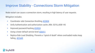 Node restart can cause a connection storm, resulting in high latency of user requests.
Mitigation includes:
+ Coordinator side Connection throttling #22828
+ Unify Authentication and authorization cache JIRA: SCYLLADB-145
+ Improved password hashing #24924
+ Using a lower default service level #26411
+ Replica-Side Load Shedding. Prevents a "spiral of death" where overloaded nodes keep
falling. #21649
18
Improve Stability - Connections Storm Mitigation
 