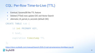 CQL: Per-Row Time-to-Live (TTL)
+ Eventual, DynamoDB like TTL feature
+ Deleted (TTled) rows update CDC and Vector Search
+ alternator_ttl_period_in_seconds (default 24h)
CREATE TABLE tab (
id int PRIMARY KEY,
t text,
expiration timestamp TTL
);
https://docs.scylladb.com/manual/branch-2026.2/cql/cql-extensions.html#per-row-ttl
38
 