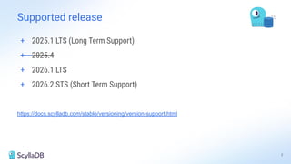+ 2025.1 LTS (Long Term Support)
+ 2025.4
+ 2026.1 LTS
+ 2026.2 STS (Short Term Support)
https://docs.scylladb.com/stable/versioning/version-support.html
7
Supported release
 