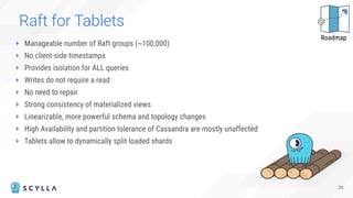 Raft for Tablets
+ Manageable number of Raft groups (~100,000)
+ No client-side timestamps
+ Provides isolation for ALL queries
+ Writes do not require a read
+ No need to repair
+ Strong consistency of materialized views
+ Linearizable, more powerful schema and topology changes
+ High Availability and partition tolerance of Cassandra are mostly unaffected
+ Tablets allow to dynamically split loaded shards
29
Roadmap
 
