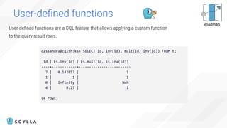User-deﬁned functions
User-deﬁned functions are a CQL feature that allows applying a custom function
to the query result rows.
cassandra@cqlsh:ks> SELECT id, inv(id), mult(id, inv(id)) FROM t;
id | ks.inv(id) | ks.mult(id, ks.inv(id))
----+------------+-------------------------
7 | 0.142857 | 1
1 | 1 | 1
0 | Infinity | NaN
4 | 0.25 | 1
(4 rows)
Roadmap
 