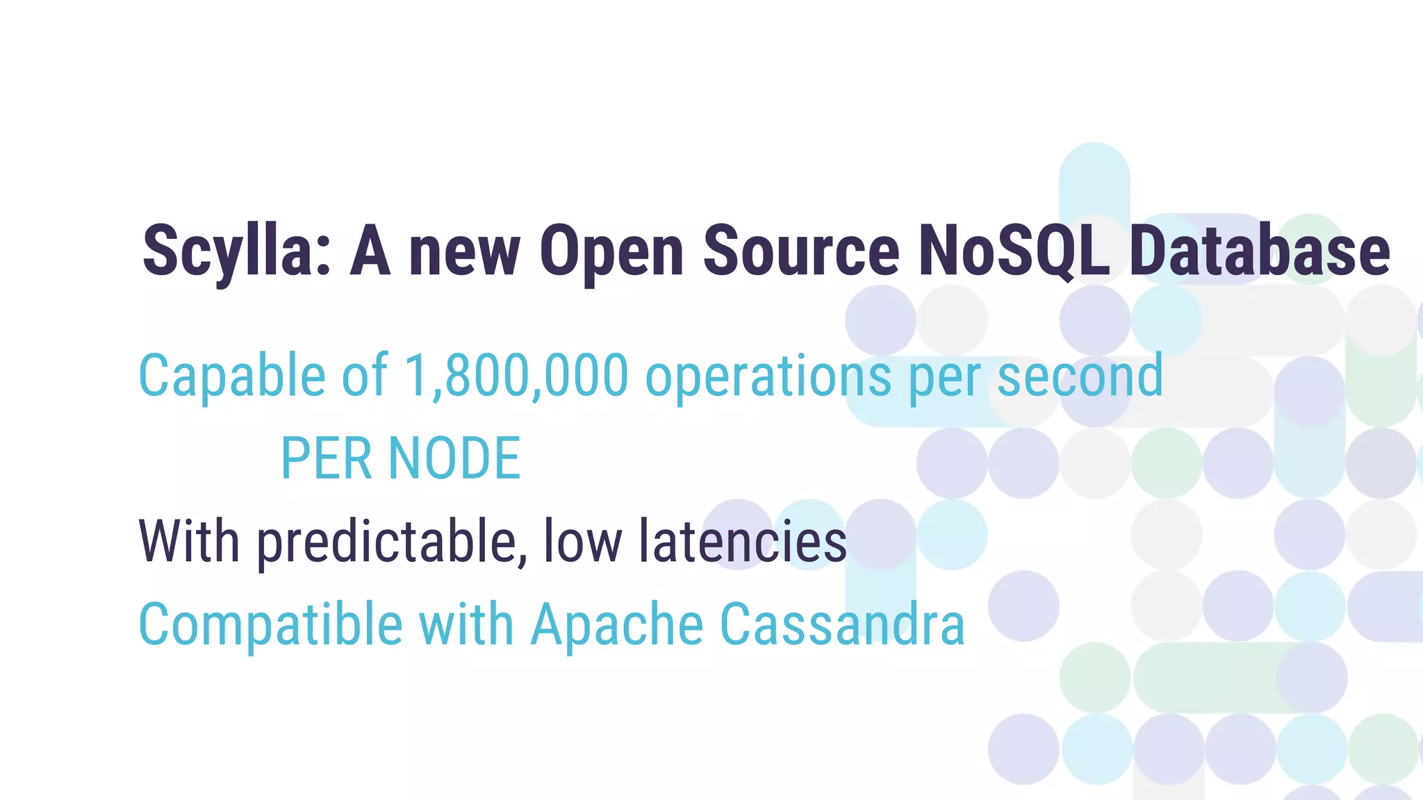 Capable of 1,800,000 operations per second
PER NODE
With predictable, low latencies
Compatible with Apache Cassandra
Scylla: A new Open Source NoSQL Database
 