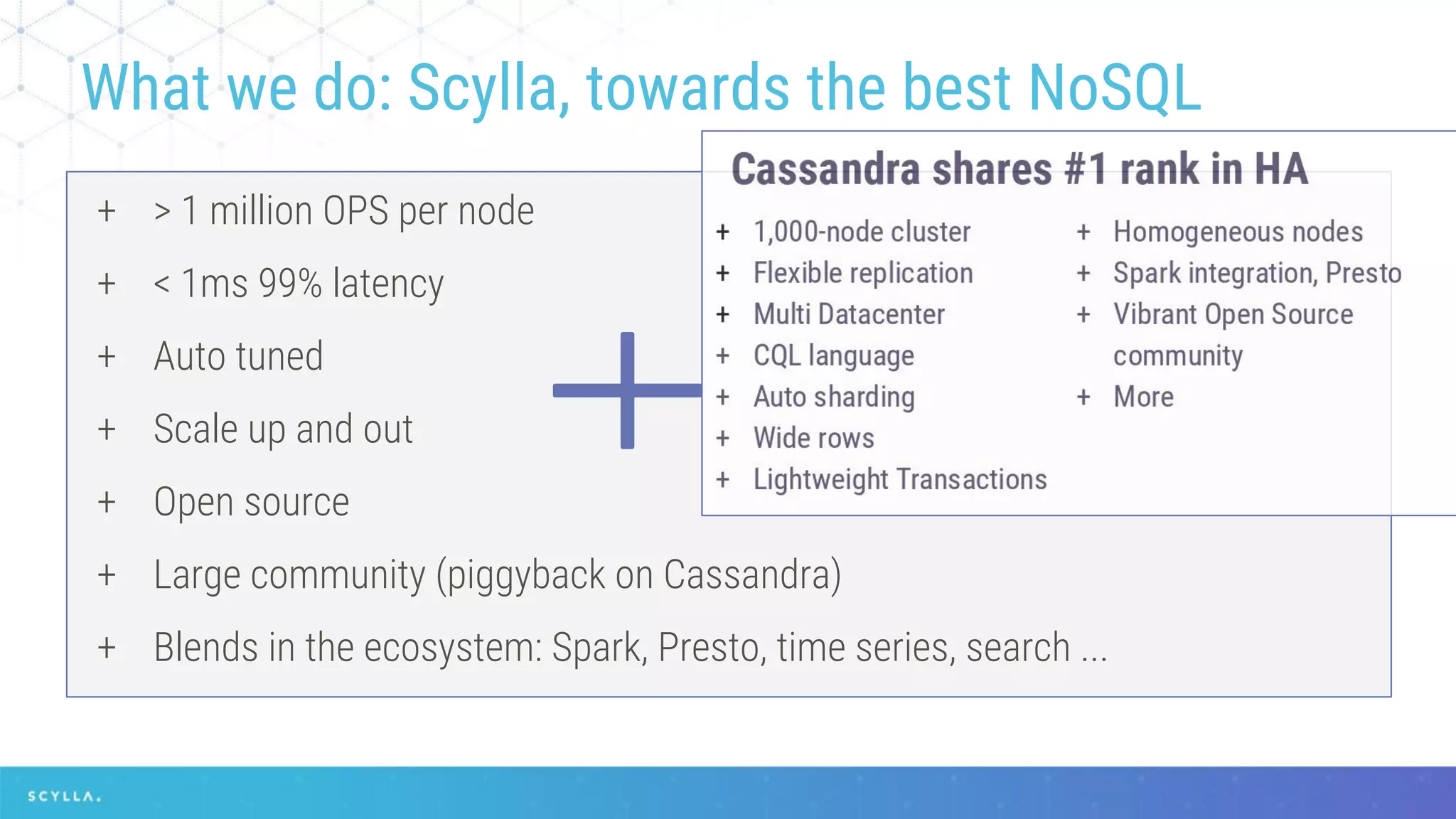 What we do: Scylla, towards the best NoSQL
+ > 1 million OPS per node
+ < 1ms 99% latency
+ Auto tuned
+ Scale up and out
+ Open source
+ Large community (piggyback on Cassandra)
+ Blends in the ecosystem: Spark, Presto, time series, search ...
 