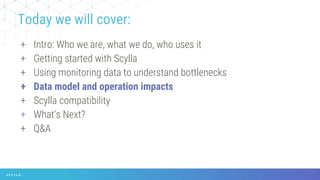 + Intro: Who we are, what we do, who uses it
+ Getting started with Scylla
+ Using monitoring data to understand bottlenecks
+ Data model and operation impacts
+ Scylla compatibility
+ What’s Next?
+ Q&A
Today we will cover:
 