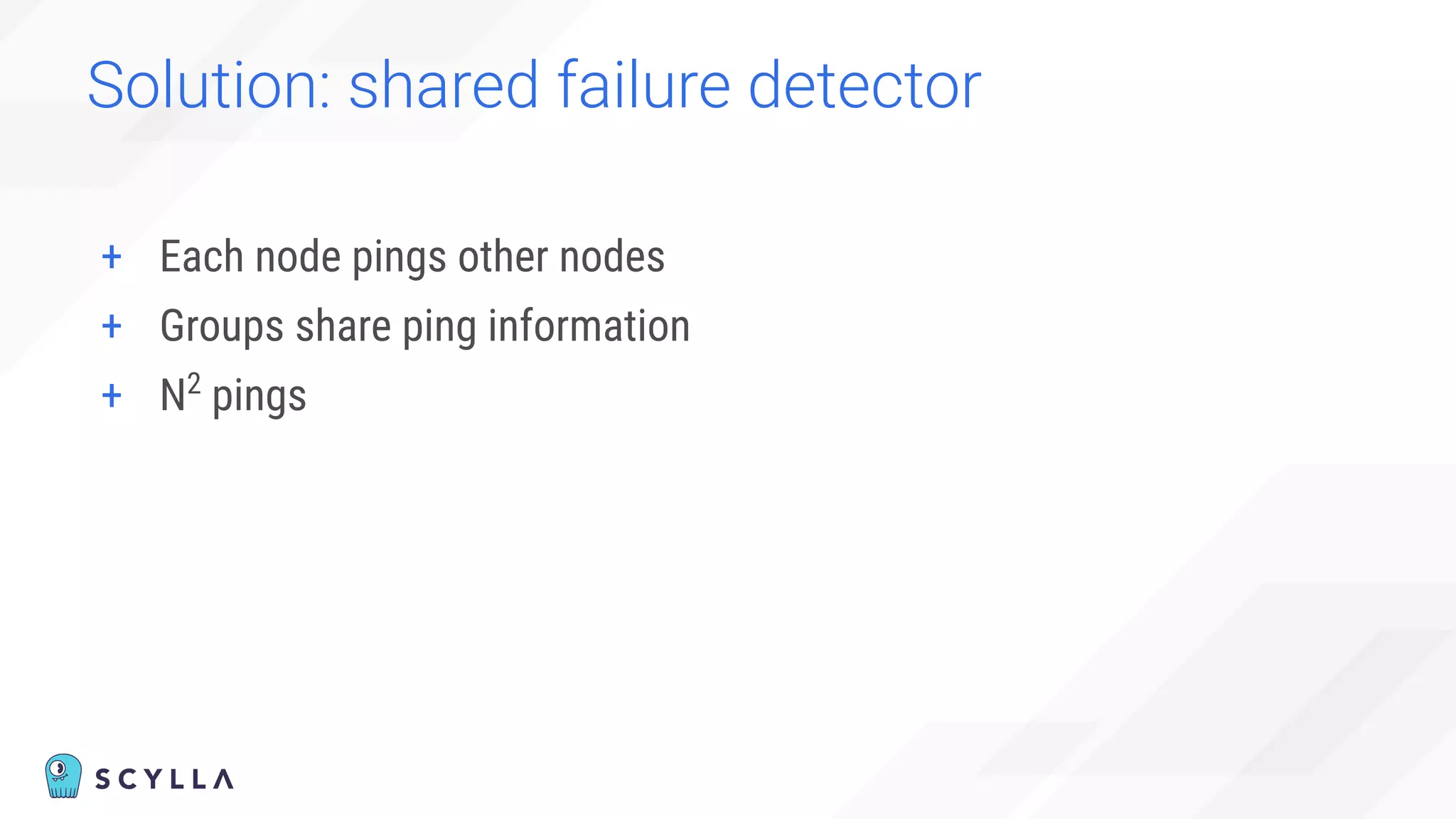 Solution: shared failure detector
+ Each node pings other nodes
+ Groups share ping information
+ N2
pings
 