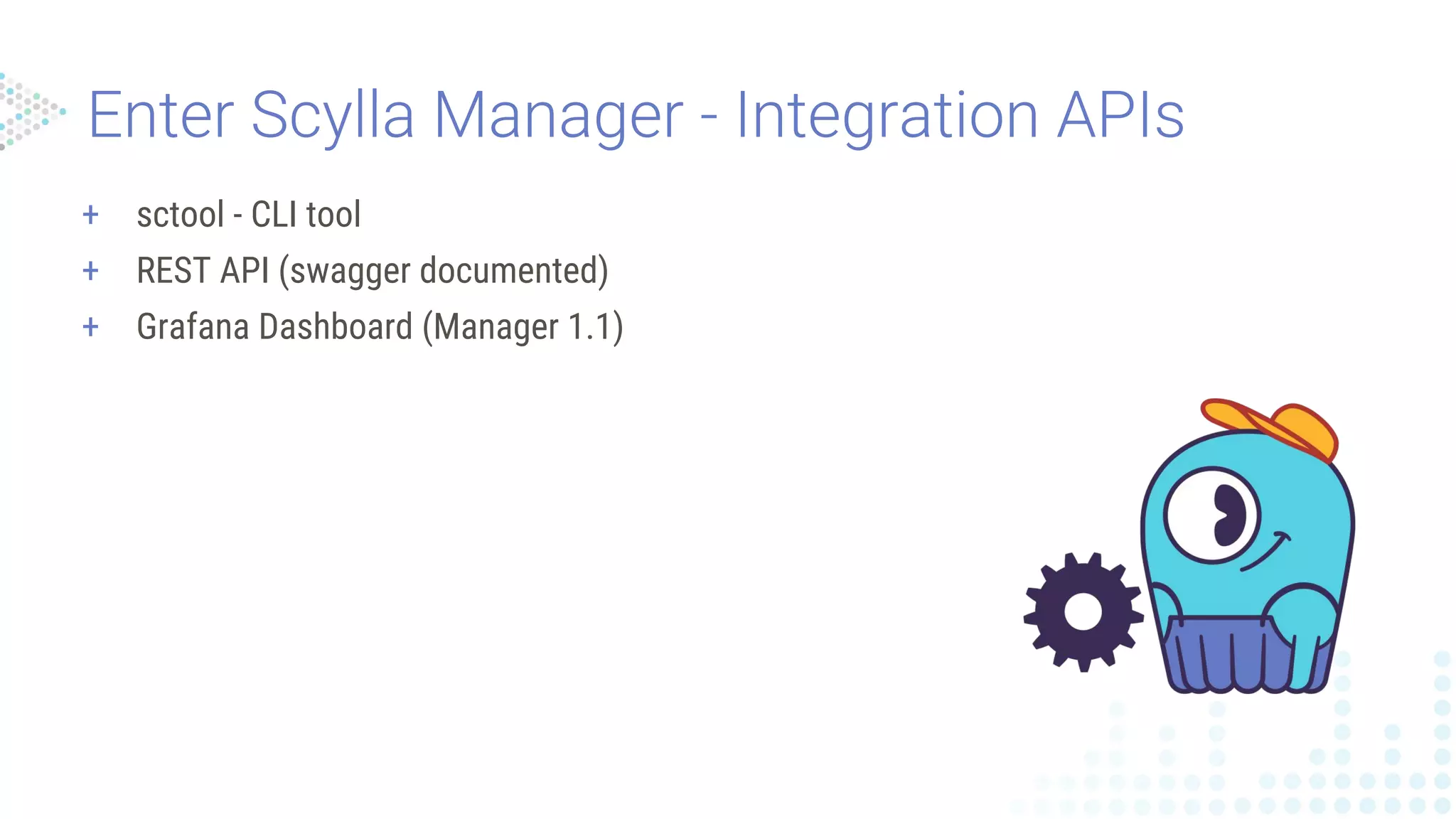 + sctool - CLI tool
+ REST API (swagger documented)
+ Grafana Dashboard (Manager 1.1)
 