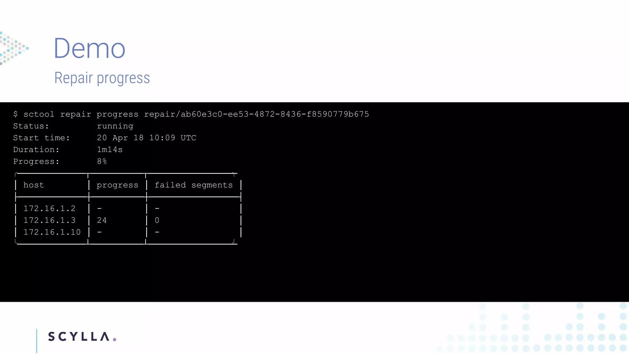 $ sctool repair progress repair/ab60e3c0-ee53-4872-8436-f8590779b675
Status: running
Start time: 20 Apr 18 10:09 UTC
Duration: 1m14s
Progress: 8%
╭─────────────┬──────────┬─────────────────╮
│ host │ progress │ failed segments │
├─────────────┼──────────┼─────────────────┤
│ 172.16.1.2 │ - │ - │
│ 172.16.1.3 │ 24 │ 0 │
│ 172.16.1.10 │ - │ - │
╰─────────────┴──────────┴─────────────────╯
Repair progress
 