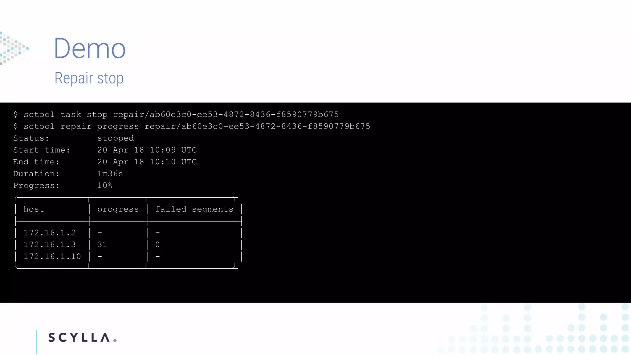$ sctool task stop repair/ab60e3c0-ee53-4872-8436-f8590779b675
$ sctool repair progress repair/ab60e3c0-ee53-4872-8436-f8590779b675
Status: stopped
Start time: 20 Apr 18 10:09 UTC
End time: 20 Apr 18 10:10 UTC
Duration: 1m36s
Progress: 10%
╭─────────────┬──────────┬─────────────────╮
│ host │ progress │ failed segments │
├─────────────┼──────────┼─────────────────┤
│ 172.16.1.2 │ - │ - │
│ 172.16.1.3 │ 31 │ 0 │
│ 172.16.1.10 │ - │ - │
╰─────────────┴──────────┴─────────────────╯
Repair stop
 