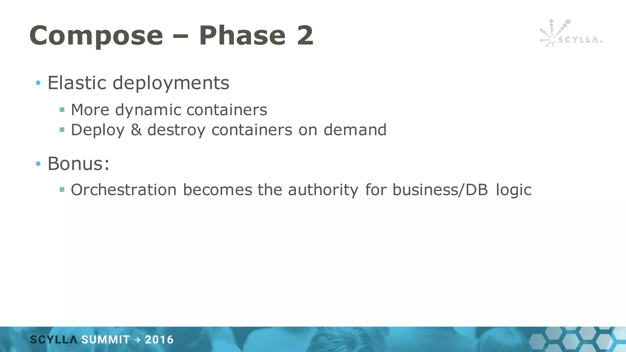 Compose – Phase 2
• Elastic deployments
§ More dynamic containers
§ Deploy & destroy containers on demand
• Bonus:
§ Orchestration becomes the authority for business/DB logic
 