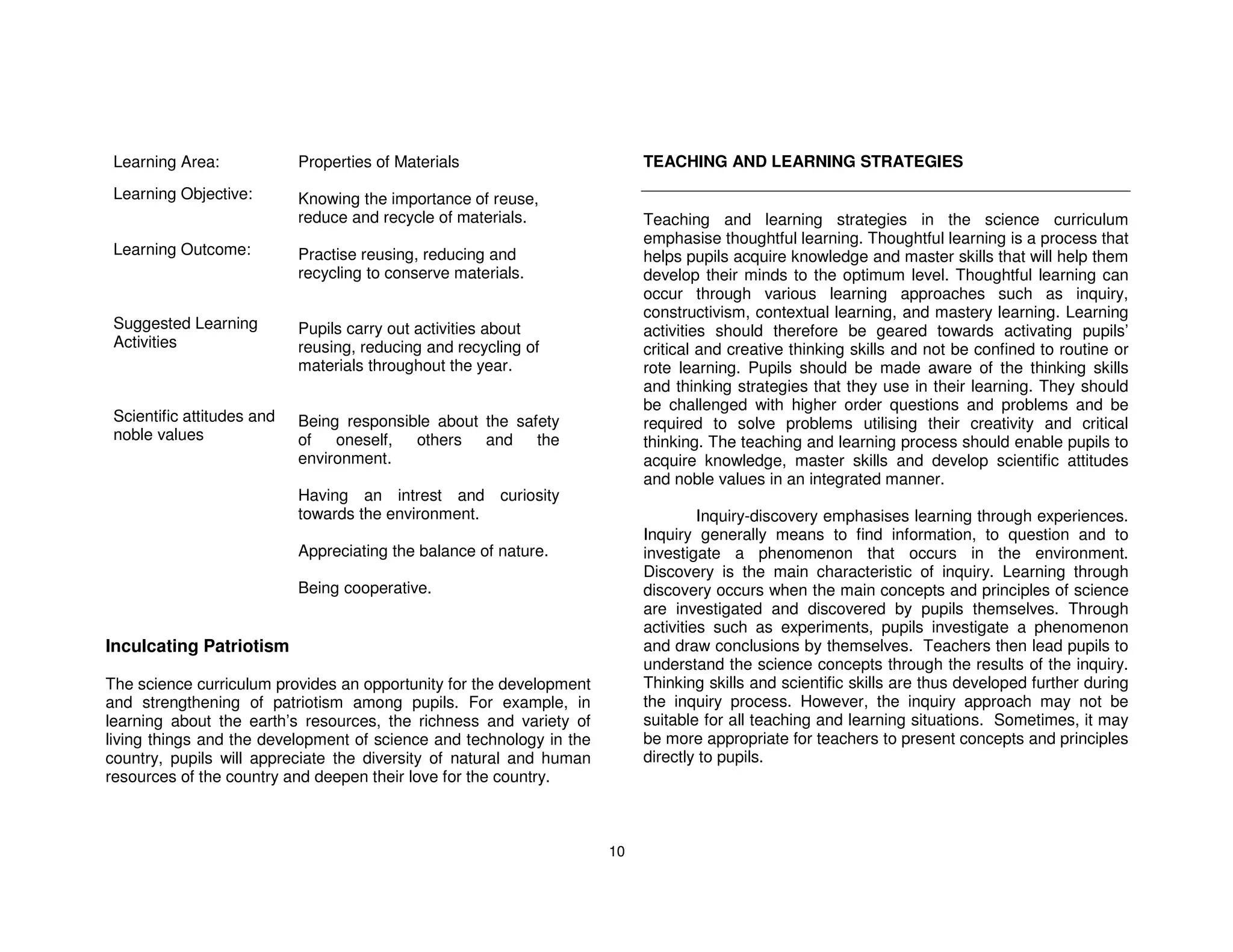 Learning Area:             Properties of Materials                       TEACHING AND LEARNING STRATEGIES
 Learning Objective:        Knowing the importance of reuse,
                            reduce and recycle of materials.              Teaching and learning strategies in the science curriculum
                                                                          emphasise thoughtful learning. Thoughtful learning is a process that
 Learning Outcome:          Practise reusing, reducing and                helps pupils acquire knowledge and master skills that will help them
                            recycling to conserve materials.              develop their minds to the optimum level. Thoughtful learning can
                                                                          occur through various learning approaches such as inquiry,
                                                                          constructivism, contextual learning, and mastery learning. Learning
 Suggested Learning         Pupils carry out activities about             activities should therefore be geared towards activating pupils’
 Activities                 reusing, reducing and recycling of            critical and creative thinking skills and not be confined to routine or
                            materials throughout the year.                rote learning. Pupils should be made aware of the thinking skills
                                                                          and thinking strategies that they use in their learning. They should
                                                                          be challenged with higher order questions and problems and be
 Scientific attitudes and   Being responsible about the safety            required to solve problems utilising their creativity and critical
 noble values               of   oneself,  others and the                 thinking. The teaching and learning process should enable pupils to
                            environment.                                  acquire knowledge, master skills and develop scientific attitudes
                                                                          and noble values in an integrated manner.
                            Having an intrest and curiosity
                            towards the environment.                               Inquiry-discovery emphasises learning through experiences.
                                                                          Inquiry generally means to find information, to question and to
                            Appreciating the balance of nature.           investigate a phenomenon that occurs in the environment.
                                                                          Discovery is the main characteristic of inquiry. Learning through
                            Being cooperative.                            discovery occurs when the main concepts and principles of science
                                                                          are investigated and discovered by pupils themselves. Through
                                                                          activities such as experiments, pupils investigate a phenomenon
Inculcating Patriotism                                                    and draw conclusions by themselves. Teachers then lead pupils to
                                                                          understand the science concepts through the results of the inquiry.
The science curriculum provides an opportunity for the development        Thinking skills and scientific skills are thus developed further during
and strengthening of patriotism among pupils. For example, in             the inquiry process. However, the inquiry approach may not be
learning about the earth’s resources, the richness and variety of         suitable for all teaching and learning situations. Sometimes, it may
living things and the development of science and technology in the        be more appropriate for teachers to present concepts and principles
country, pupils will appreciate the diversity of natural and human        directly to pupils.
resources of the country and deepen their love for the country.



                                                                     10
 