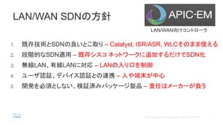 1. 既存技術とSDNの良いとこ取り – Catalyst, ISR/ASR, WLCそのまま使える
2. 段階的なSDN適用 – 既存シスコ ネットワークに追加するだけでSDN化
3. 無線LAN、有線LANに対応 – LANの入り口を制御
4. ユーザ認証、デバイス認証との連携 – 人や端末が中心
5. 開発を必須としない、検証済みパッケージ製品 – 責任はメーカーが負う
LAN/WAN SDNの方針
LAN/WAN向けコントローラ
 
