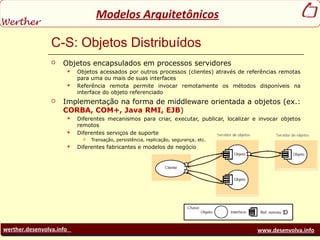 werther.desenvolva.info www.desenvolva.info
Modelos Arquitetônicos
C-S: Objetos Distribuídos
 Objetos encapsulados em processos servidores
 Objetos acessados por outros processos (clientes) através de referências remotas
para uma ou mais de suas interfaces
 Referência remota permite invocar remotamente os métodos disponíveis na
interface do objeto referenciado
 Implementação na forma de middleware orientada a objetos (ex.:
CORBA, COM+, Java RMI, EJB)
 Diferentes mecanismos para criar, executar, publicar, localizar e invocar objetos
remotos
 Diferentes serviços de suporte
 Transação, persistência, replicação, segurança, etc.
 Diferentes fabricantes e modelos de negócio
 