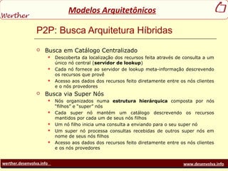 werther.desenvolva.info www.desenvolva.info
Modelos Arquitetônicos
P2P: Busca Arquitetura Híbridas
 Busca em Catálogo Centralizado
 Descoberta da localização dos recursos feita através de consulta a um
único nó central (servidor de lookup)
 Cada nó fornece ao servidor de lookup meta-informação descrevendo
os recursos que provê
 Acesso aos dados dos recursos feito diretamente entre os nós clientes
e o nós provedores
 Busca via Super Nós
 Nós organizados numa estrutura hierárquica composta por nós
“filhos” e “super” nós
 Cada super nó mantém um catálogo descrevendo os recursos
mantidos por cada um de seus nós filhos
 Um nó filho inicia uma consulta a enviando para o seu super nó
 Um super nó processa consultas recebidas de outros super nós em
nome de seus nós filhos
 Acesso aos dados dos recursos feito diretamente entre os nós clientes
e os nós provedores
 